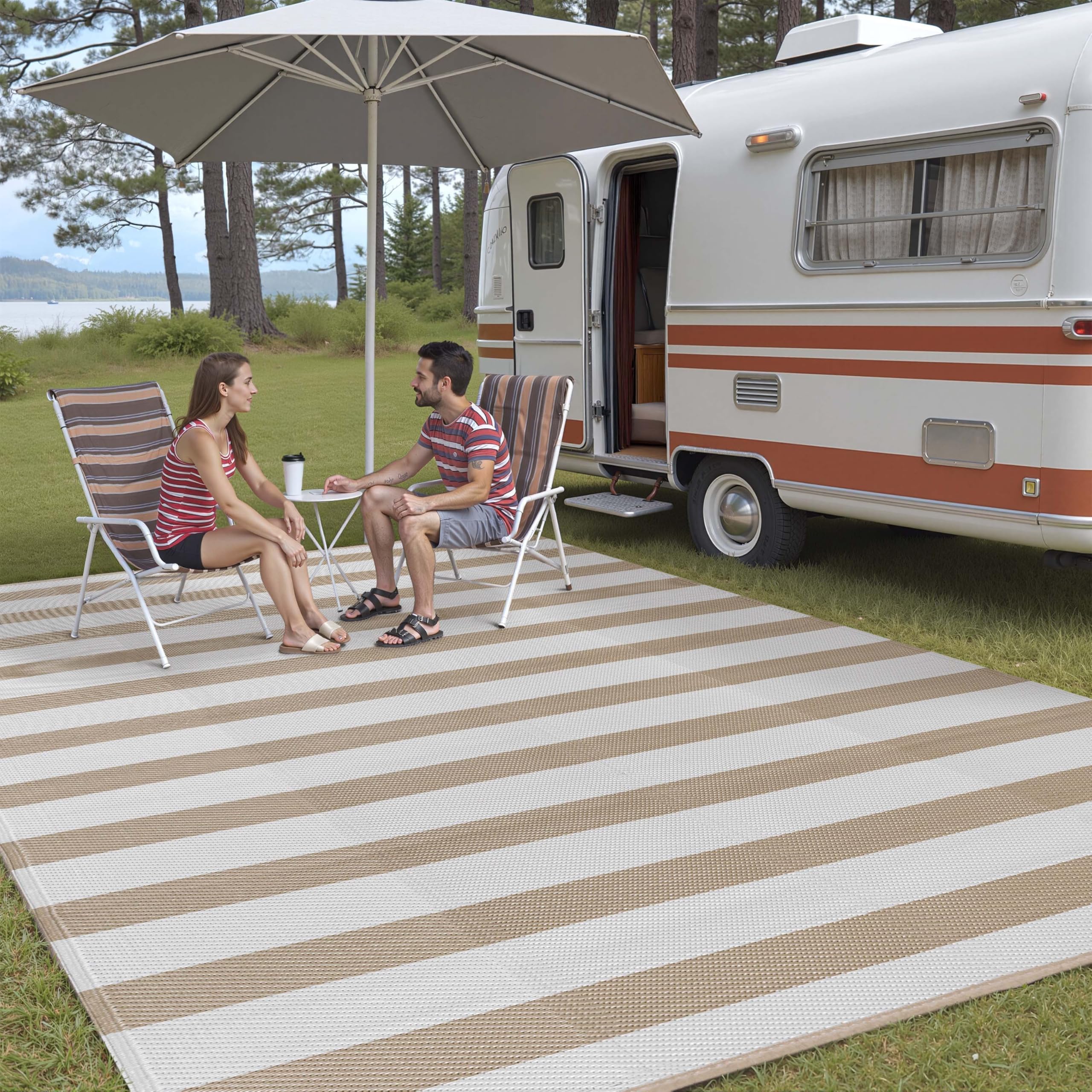 PureCozy Outdoor Plastic Straw Rug Black Beige Large Outside Waterproof Outdoor Patio 5x8 Carpet Geometric Reversible Mat Modern for Camping RV Porch Deck Balcony Beach