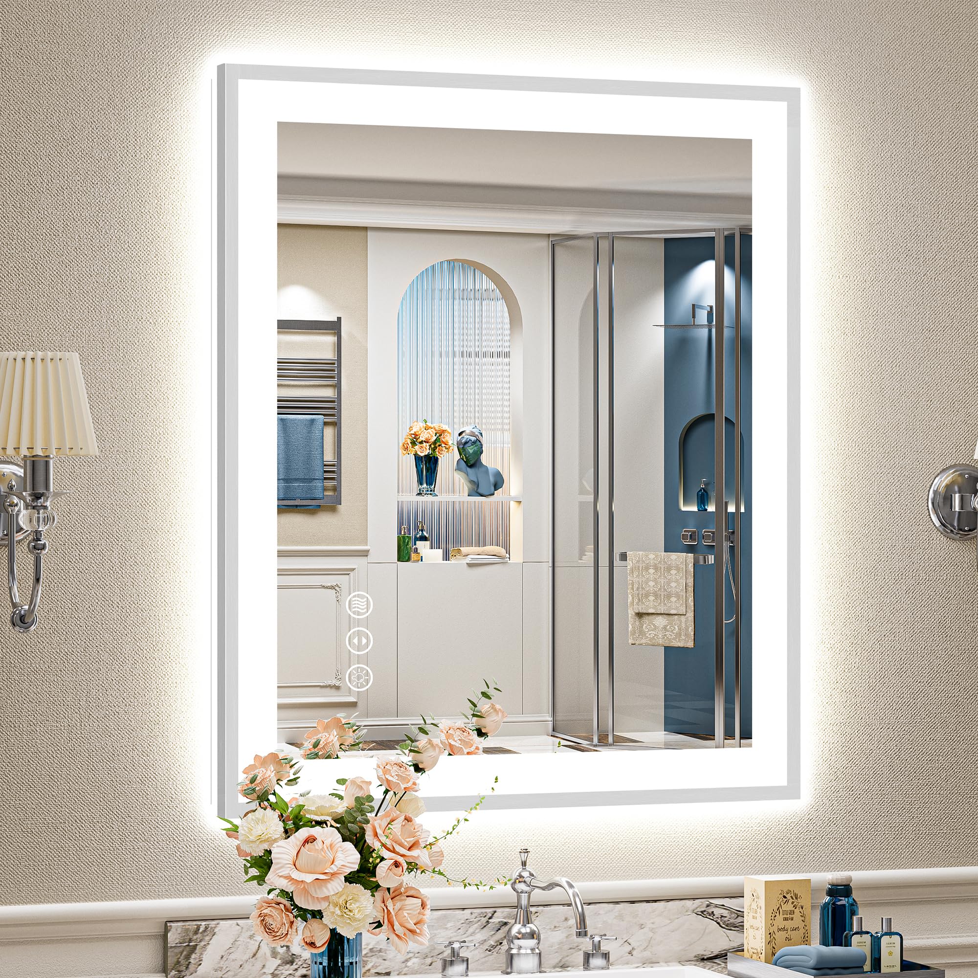 24x32 Black Framed LED Bathroom Mirror with Lights, Backlit and Front Lit Anti-Fog Lighted Vanity Mirrors for Bathroom Wall, Dimmable, 3 Colors, Memory, HD Tempered Glass, Horizontal/Vertical
