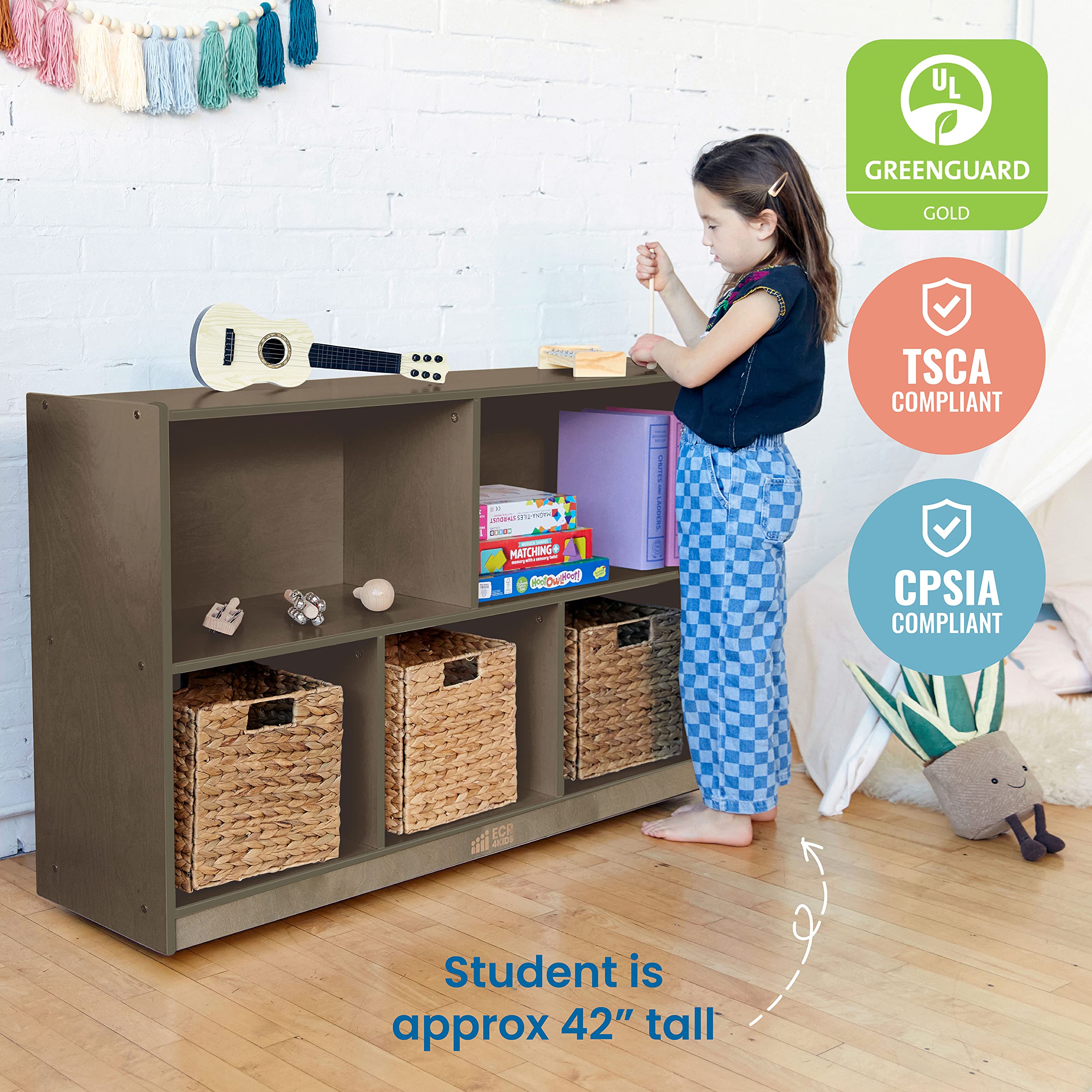 ECR4Kids 5-Compartment Mobile Storage Cabinet, Preschool, Classroom Furniture, Grey Wash