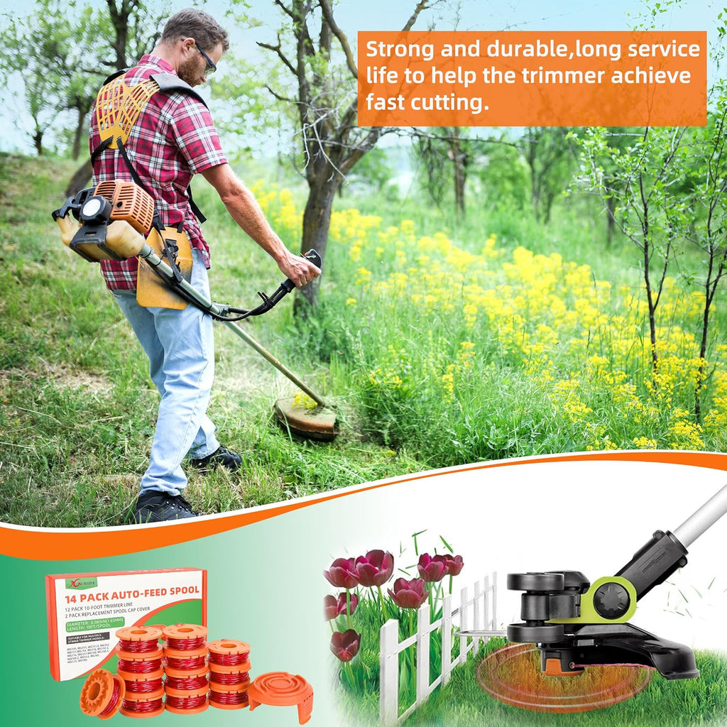 Xgunion Trimmer Spool Line for Worx 14 Pack WA0010 Edger Spools Replacement for Worx Weed Eater String Trimmer Line Refills 0.065 inch Suitable for Worx String Trimmers(12 Line Spools,2 Cap)