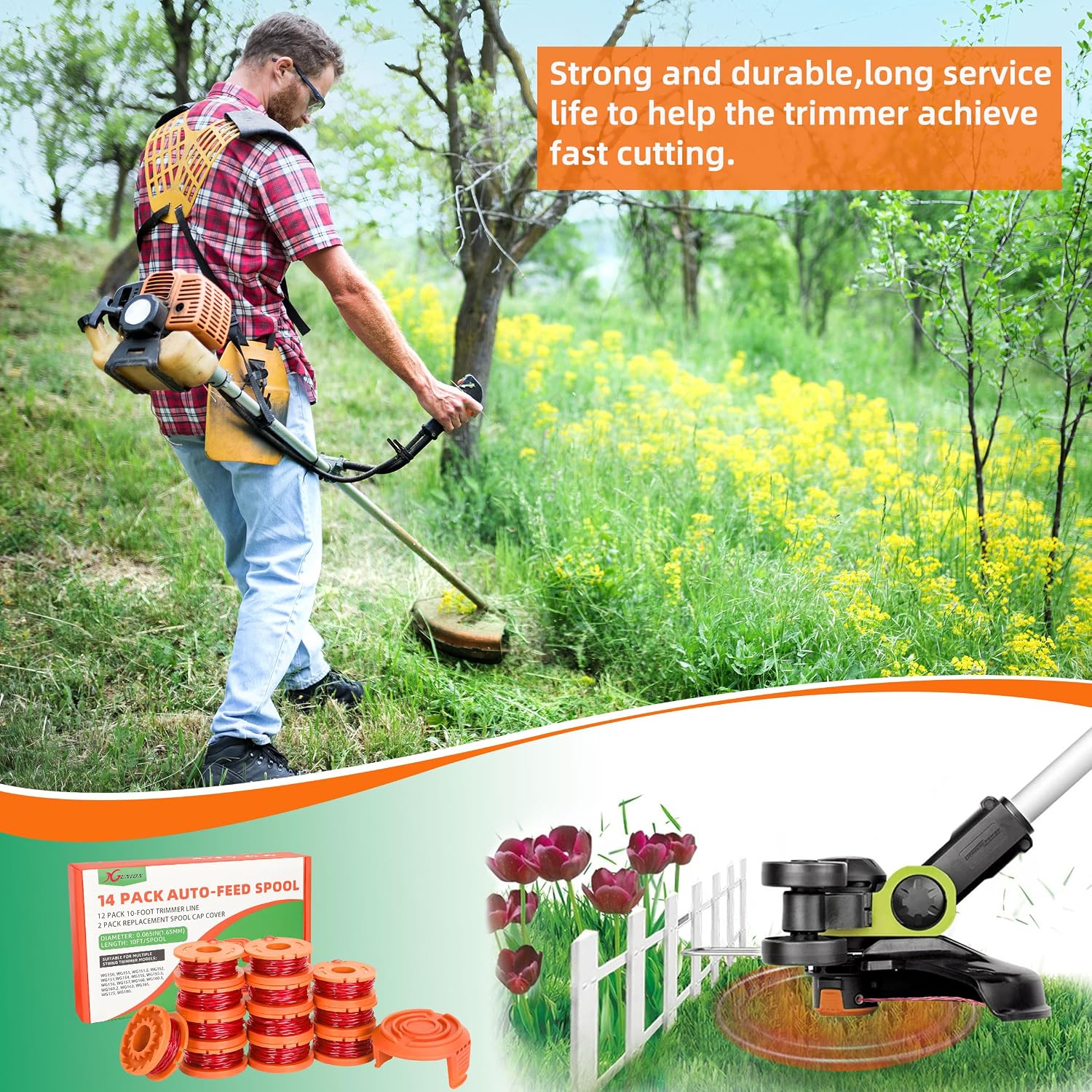 Xgunion Trimmer Spool Line for Worx 14 Pack WA0010 Edger Spools Replacement for Worx Weed Eater String Trimmer Line Refills 0.065 inch Suitable for Worx String Trimmers(12 Line Spools,2 Cap)