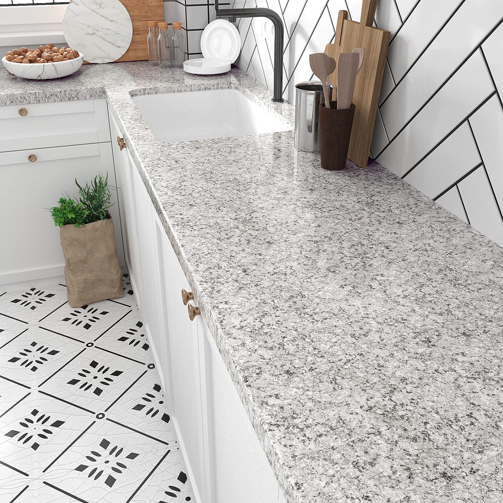 VEELIKE 15.7''x118'' Granite Contact Paper for Countertops Waterproof Self Adhesive Granite Wallpaper Peel and Stick Countertops for Kitchen Bathroom Counter Top Removable Decorative Vinyl Film