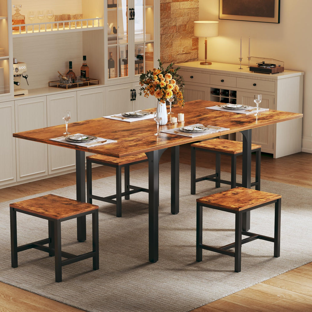 HUAHUU Dining Table Set for 4, Extendable Kitchen Table Cushion Chairs Set of 4, Rectangle Dining Table with Metal Frame & MDF Board, Folding for Small Apartment Saving Space, Black