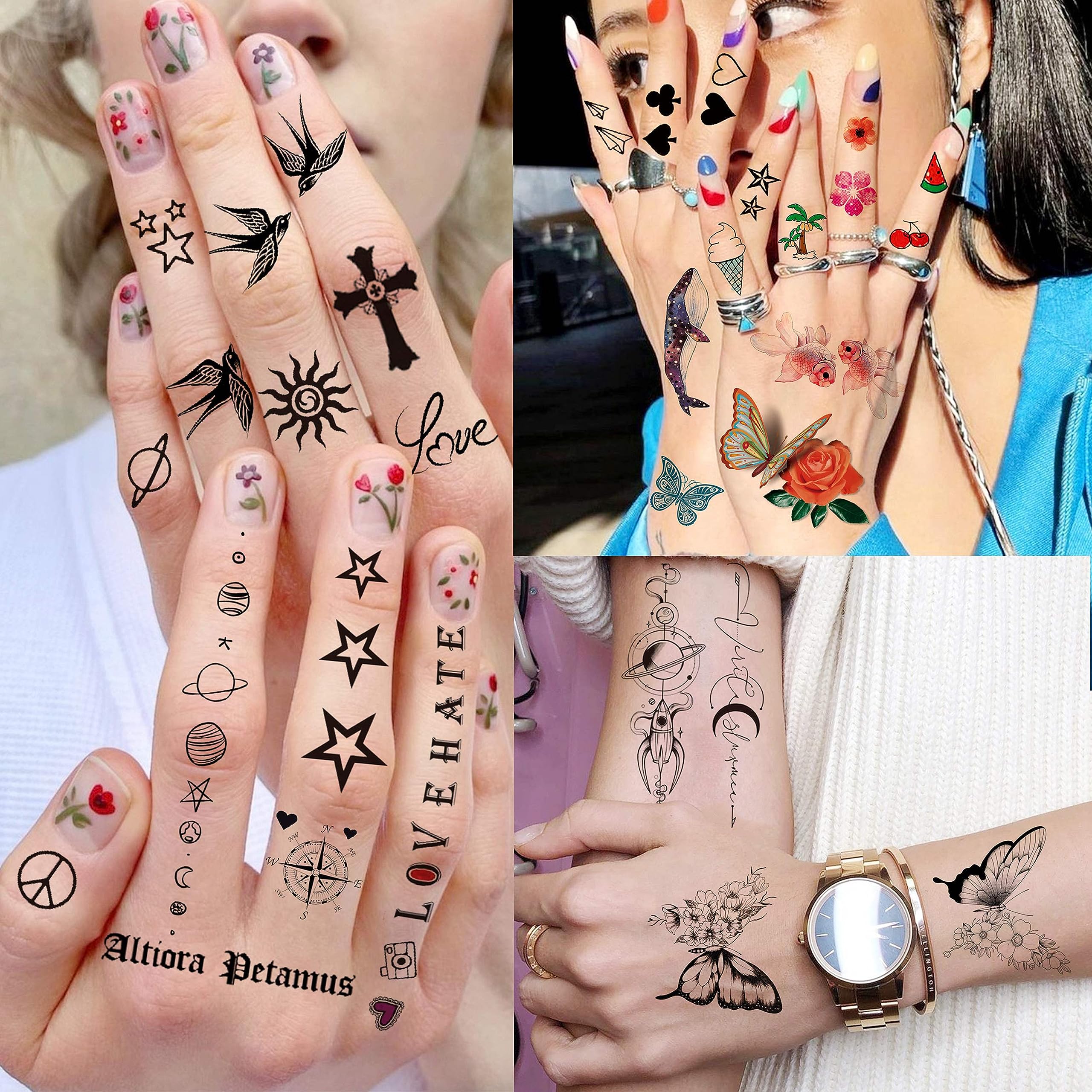 EGMBGM 52 Sheets Tiny Small Temporary Tattoos For Kids Boys Girls, Tribal Animals Butterfly Anchor Compass Tattoo Stickers For Men Women, 3D Cute Flower Fake Face Tatoo Kits Sets For Neck Arm Hands