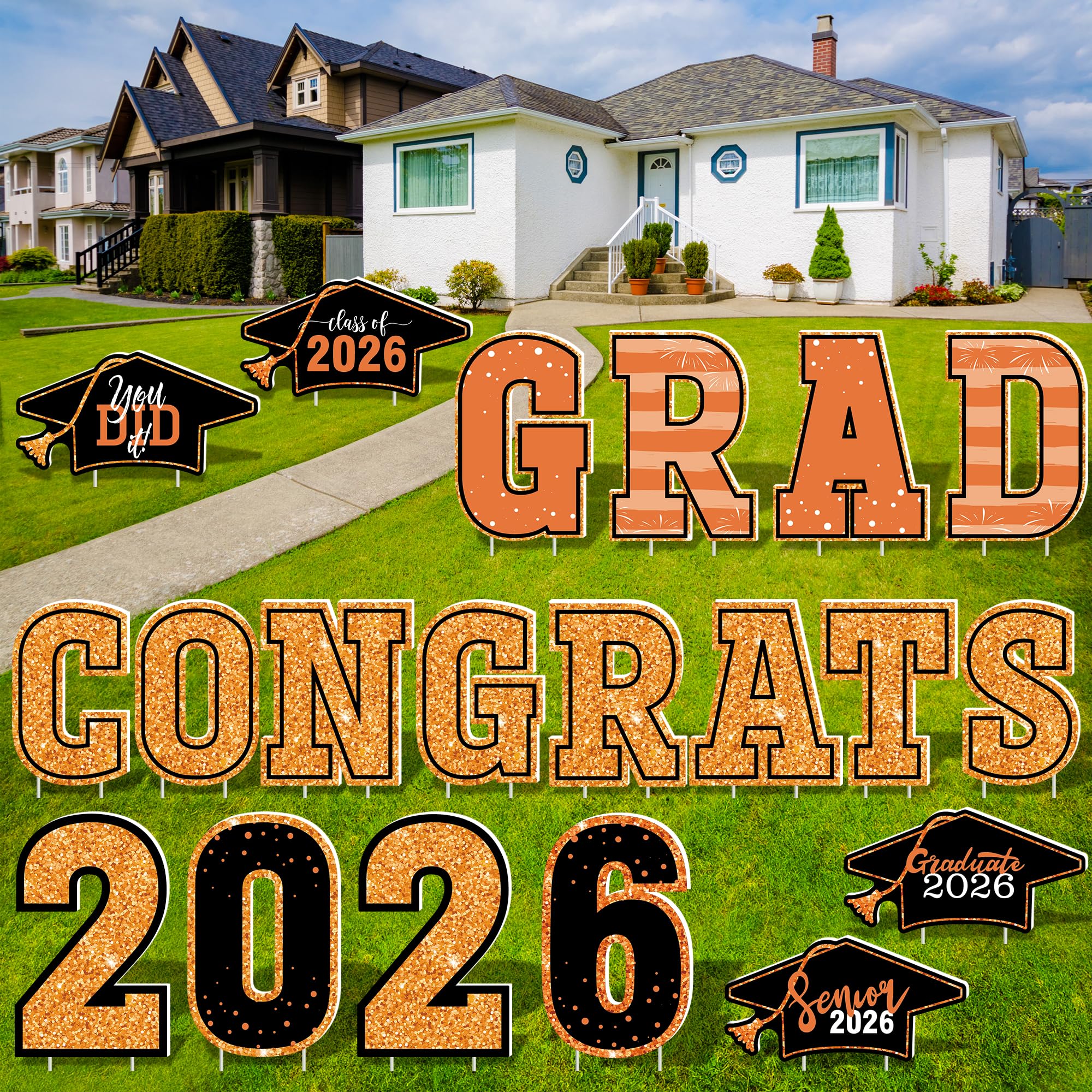 HOVACY 20 PCS Black Gold Graduation Yard Signs Class of 2026 | Black Gold 20 PCS, 40 Stakes, 11.57 x 16.14 in, Corrugated Plastic, Waterproof, Congrats Grad Sign, Graduation Sign