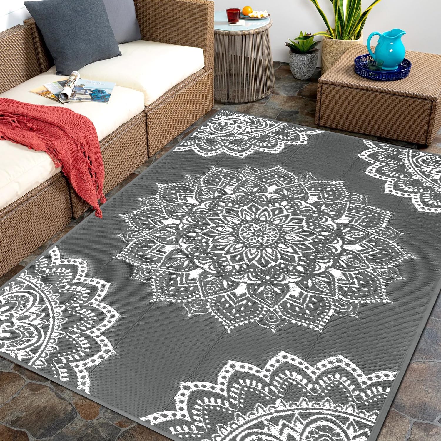 Yamaziot Waterproof Outdoor Rug 5x8 ft, Reversible Plastic Straw Rug for Patio Clearance, Camping, RV Mat, Outside Rug Carpet for Porch, Deck, Backyard, Balcony, Picnic,Black Brown