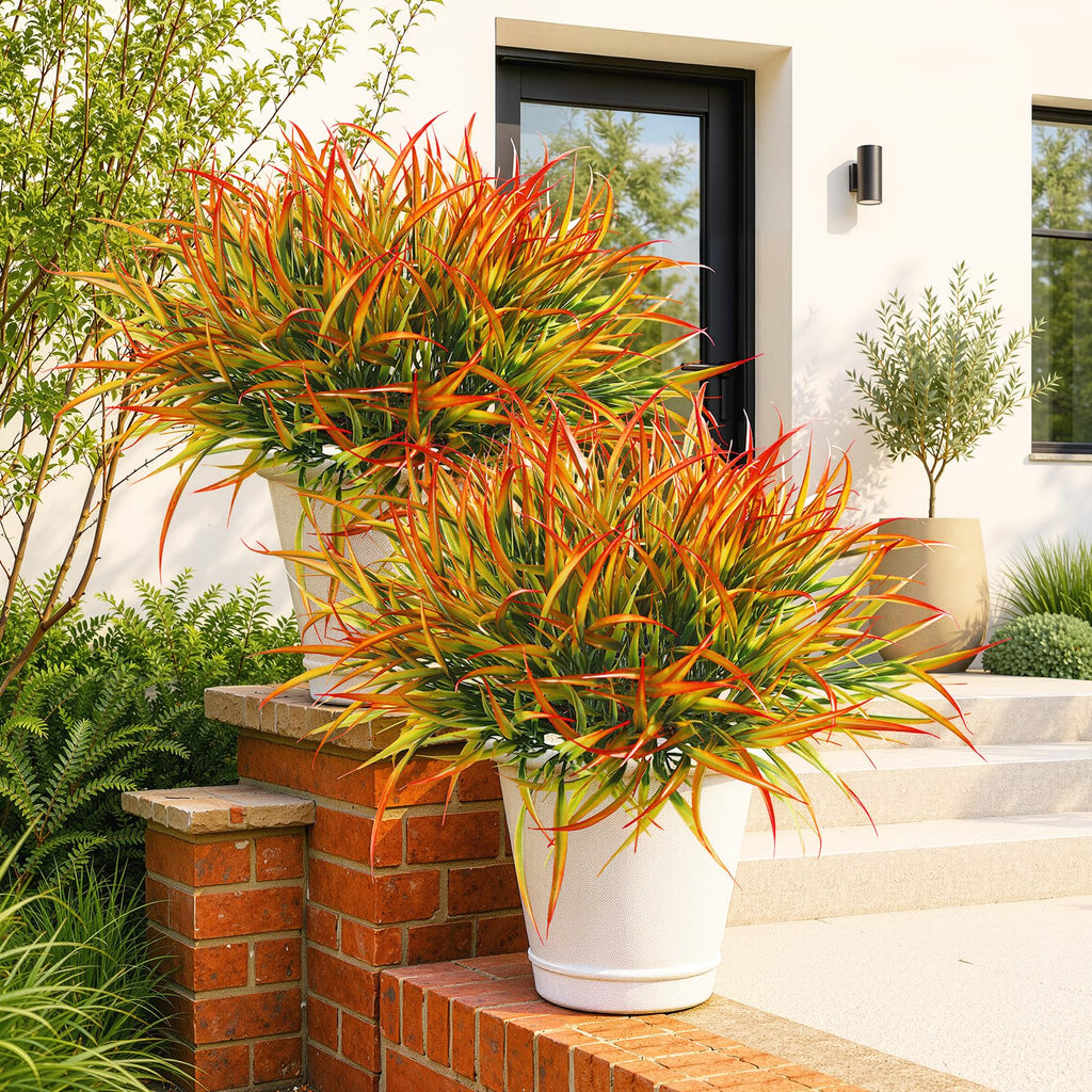 Uieke 28 Bundles Artificial Outdoor Plants UV Resistant Fake Grass Plants Faux Plastic Plants Greenery Shrubs for Home Garden Pathway Window Box Front Porch Cemetery Fall Decor, Autumn Red