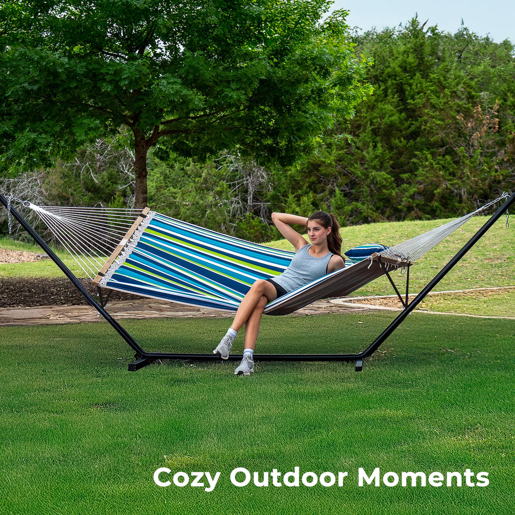 SUPERJARE Hammock with Stand, 2 Person Quilted Outdoor Hammock, Detachable Pillow & Bamboo Spreaders, Portable Hammock with Carrying Bag, Heavy Duty Stand, Perfect for Outside, Patio, Aqua Blue