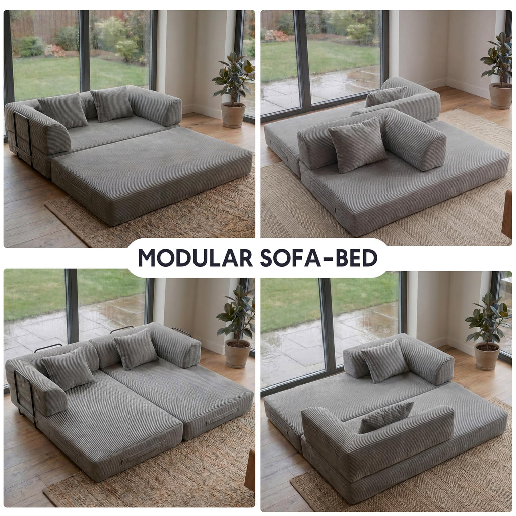 ZEIINPA 59“ Convertible Floor Sofa Bed, 5-in-1 Futon Sofa Bed Pull Out Sleeper Couch, Modern Corduroy Compressed Loveseat, Modular Boneless Couches for Living Room, No Assembly Required, Beige