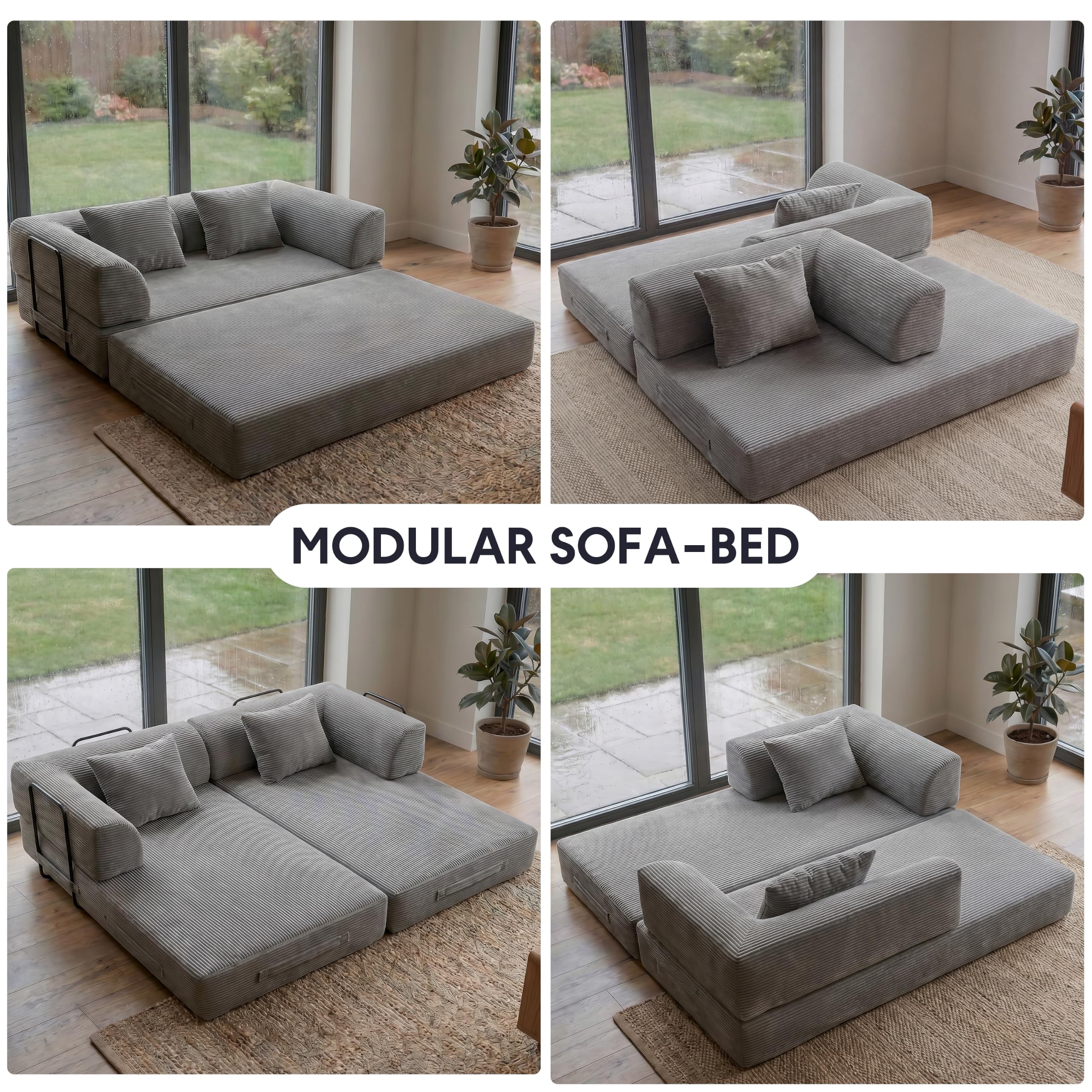 ZEIINPA 59“ Convertible Floor Sofa Bed, 5-in-1 Futon Sofa Bed Pull Out Sleeper Couch, Modern Corduroy Compressed Loveseat, Modular Boneless Couches for Living Room, No Assembly Required, Beige