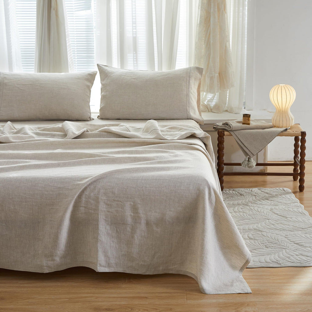 Simple&Opulence 100% Pure Linen Sheet Set Twin Size, Natural French Flax Solid Color 3 Pcs Washed Breathable, Farmhouse Bedding (1 Flat Sheet,1 Fitted Sheet,1 Pillowcase)-Embroidery Dark Grey