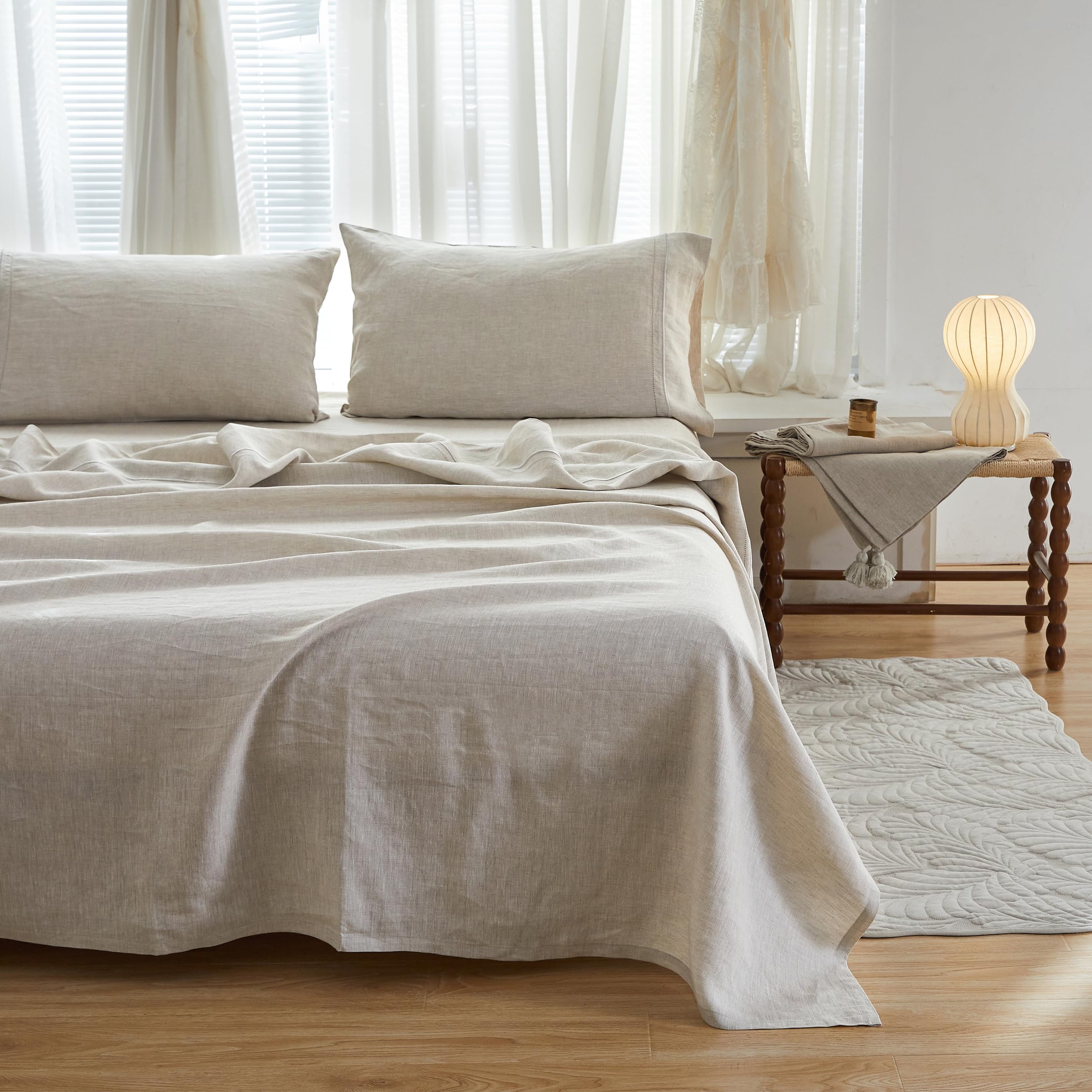 Simple&Opulence 100% Pure Linen Sheet Set Twin Size, Natural French Flax Solid Color 3 Pcs Washed Breathable, Farmhouse Bedding (1 Flat Sheet,1 Fitted Sheet,1 Pillowcase)-Embroidery Dark Grey