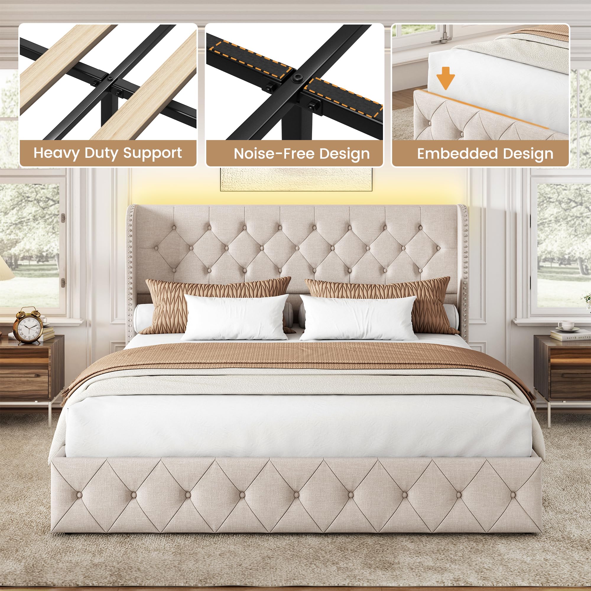 BRELTAM Full Size Bed Frame with Storage Drawers and Wingback Headboard Linen Upholstered Platform Bed Frame Tufted Beds with Heavy Duty Wood Slats, Noise Free, Easy Assembly, Beige