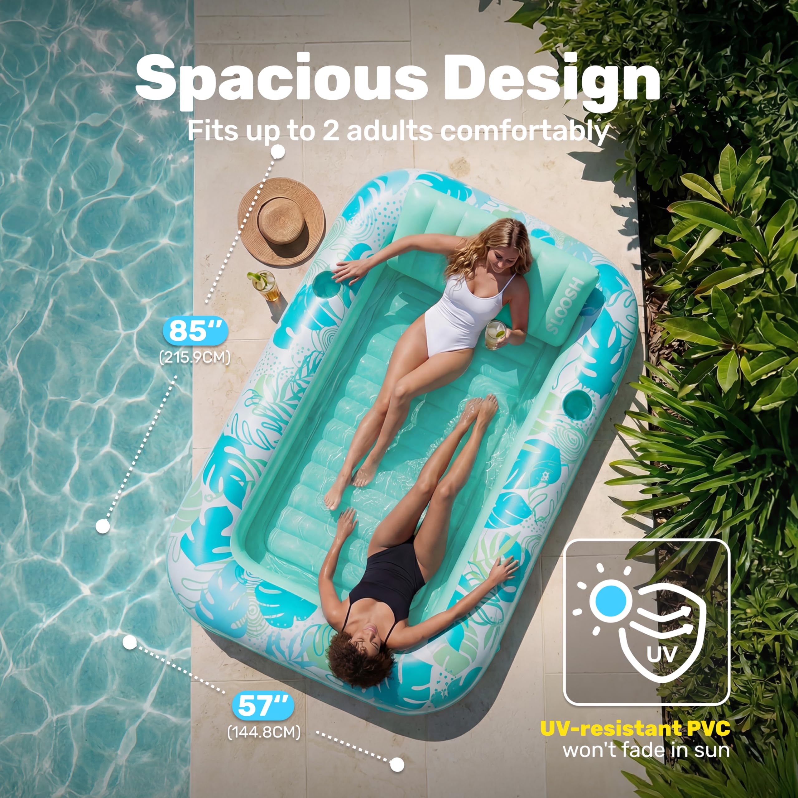 SLOOSH Inflatable Tanning Pool Lounger Float, 85" x 57" Extra Large Pool Floats Adult with Pillow, 4 in 1 Suntan Tub Raft Floatie,Sunbathing Bed Lounge for Water Blow Up Ball Pit Party Gifts, XL-Blue