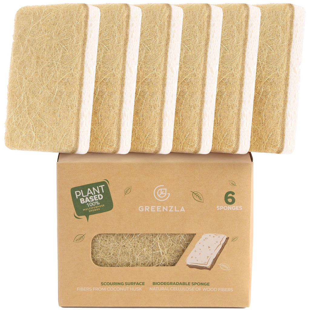 Greenzla Kitchen Sponges, Odor Free Plant-Based Dish Sponges, Non-Scratch Sisal Hemp Scouring Pads for Dishes, Countertops, Bathtubs, and Tiles, 6 Pack