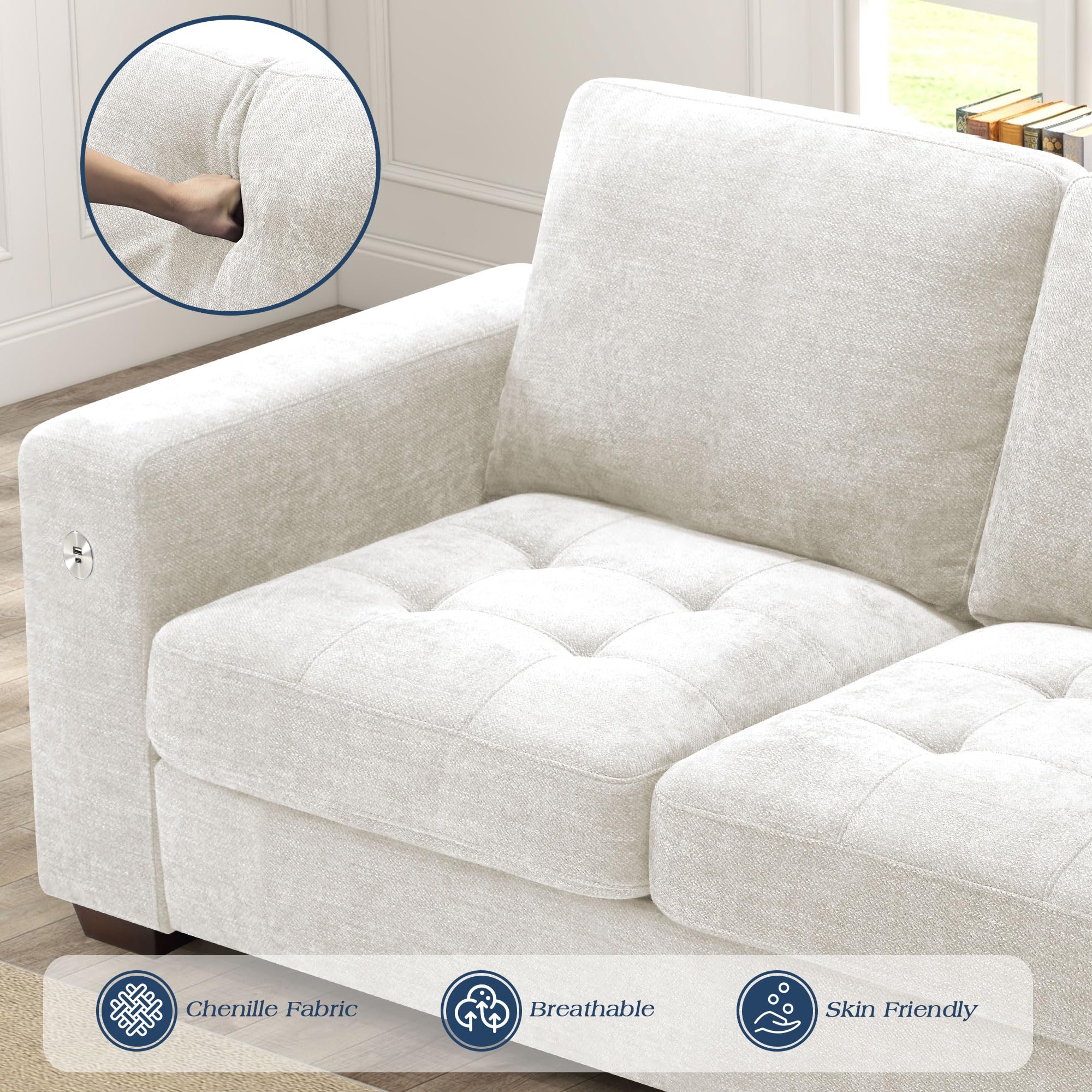 WorthFurni Sofas for Living Room, Chenille Loveseat Couch Set, Small Sofa, 3 Seater Sofa, USB Charging, Removable Sofa Cover,Solid Wood Frame, Easy to Install(70inch,Beige)