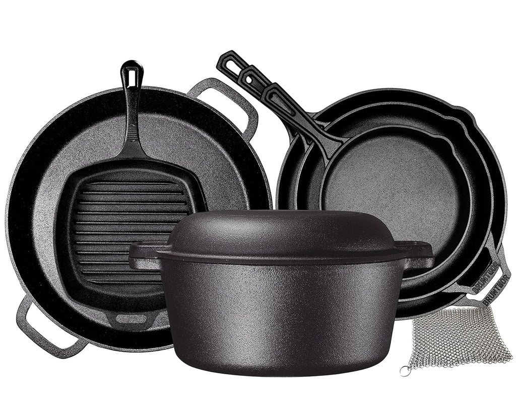 Bruntmor 8 Piece Cast Iron Cookware Set - Pre-Seasoned Pots and Pans Set with Cast Iron Skillets, Grill Pan, Dutch Oven, Pizza Pan, and Scrubber - Heavy Duty Cooking for Home Kitchen or Camping