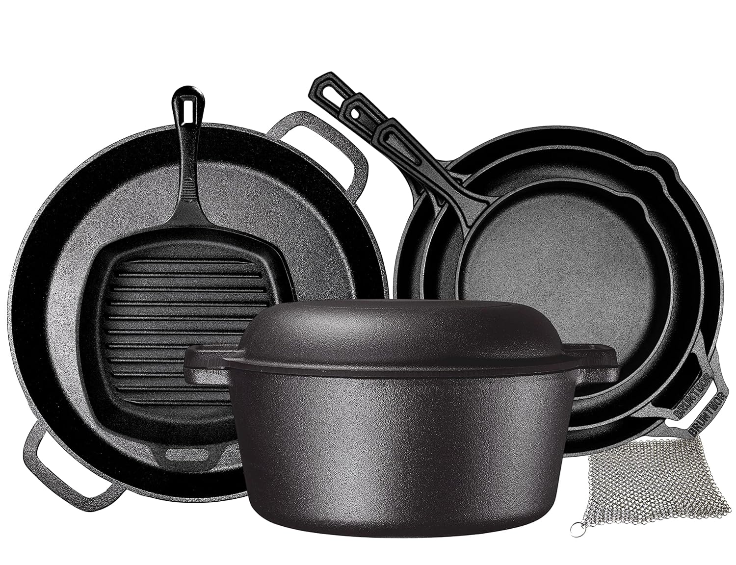 Bruntmor 8 Piece Cast Iron Cookware Set - Pre-Seasoned Pots and Pans Set with Cast Iron Skillets, Grill Pan, Dutch Oven, Pizza Pan, and Scrubber - Heavy Duty Cooking for Home Kitchen or Camping