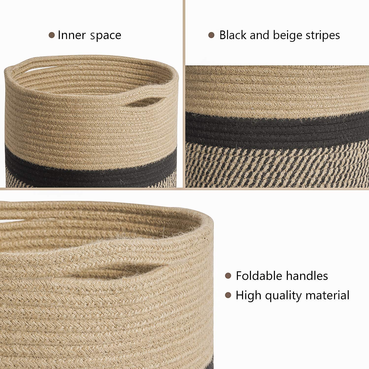 TIMEYARD Sturdy Jute Rope Plant Basket Modern Woven Basket up to 7.5 Inch Flower Pot Floor Indoor Planters, 8” x 8” Storage Organizer Baskets Rustic Home Decor, Black Stripes