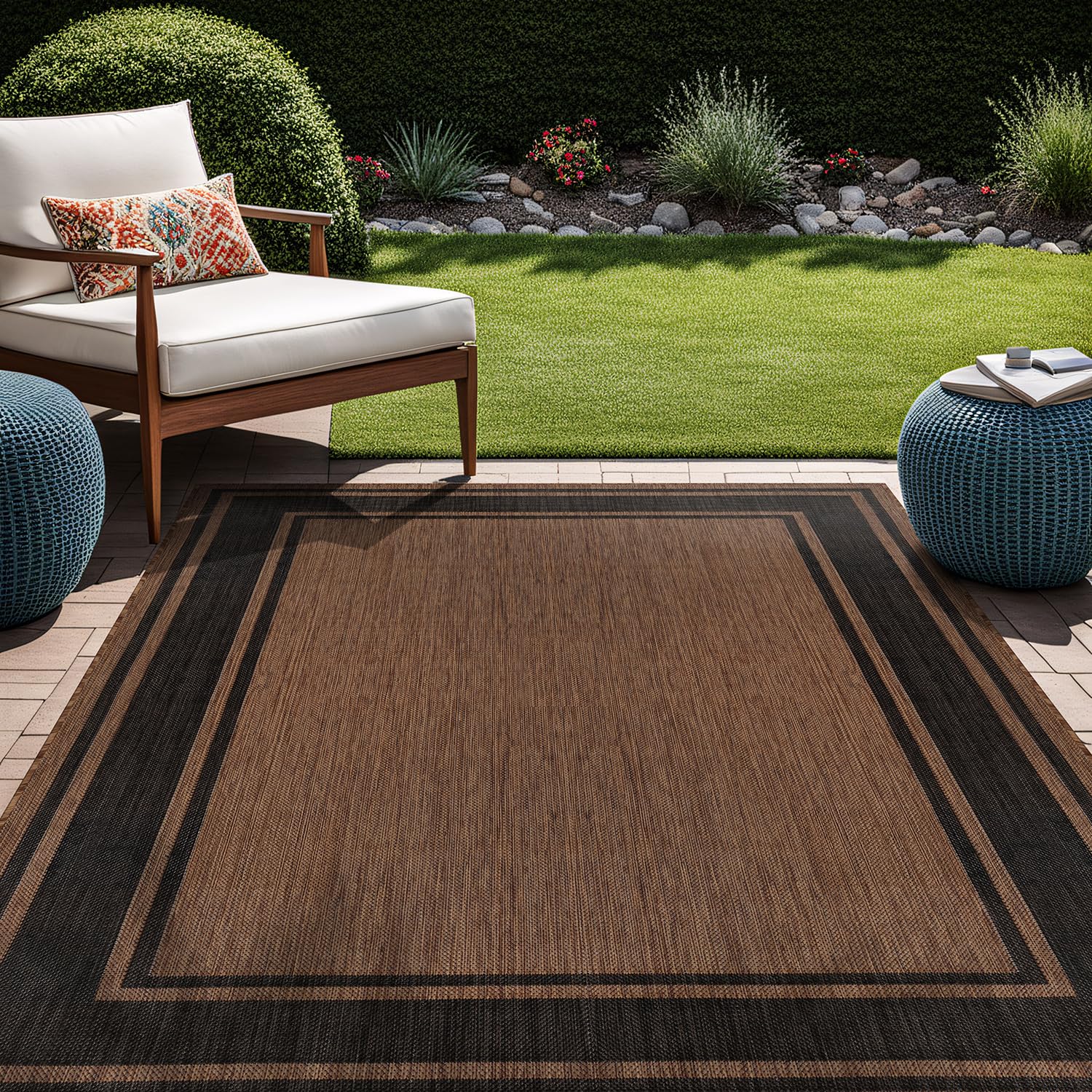 Beverly Rug Outdoor Rug 5x7 Modern Bordered Area Rugs for Indoor and Outdoor Patio Deck Porch Garden Waterproof Weather Sun Resistant Washable Outside Carpet (5 x 7 Beige)
