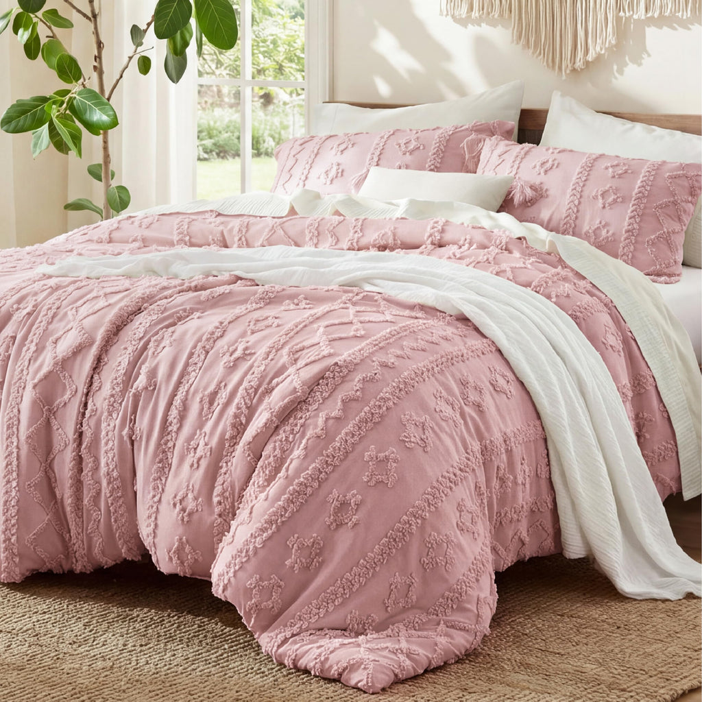 Bedsure Tufted Boho Comforter Set Twin Size - Beige Boho Bed Set, GentleSoft™ 2 Pieces Farmhouse-Style Embroidery Bedding, Gifts for Woman, Soft Jacquard Kids' Twin Comforter for All Seasons
