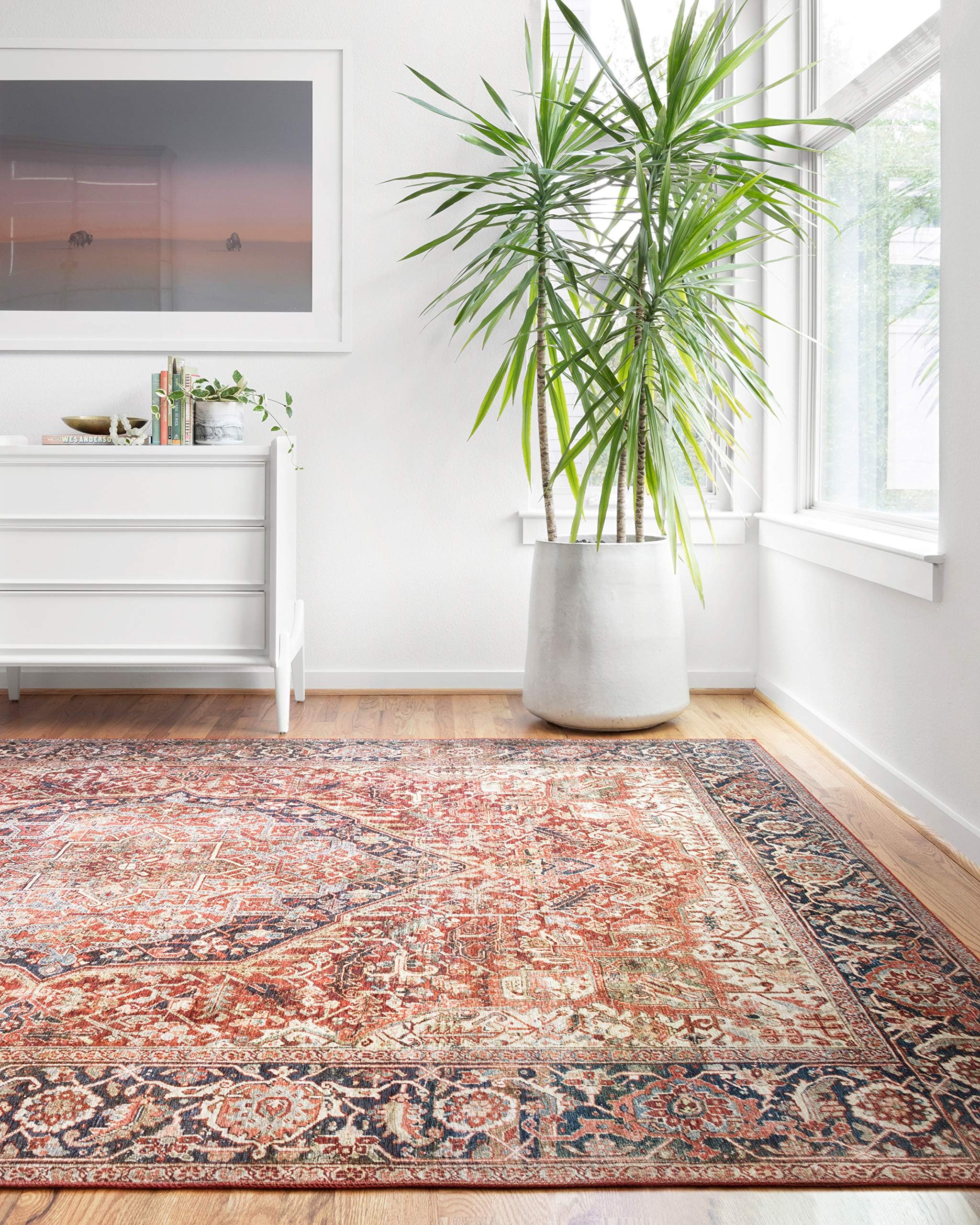 Loloi Layla Collection LAY-07 Blue/Tangerine 2'-3" x 3'-9" .13" Thick Accent Rug, Soft, Durable, Vintage Inspired, Distressed, Low Pile, Non-Shedding, Easy Clean, Printed, Living Room Rug