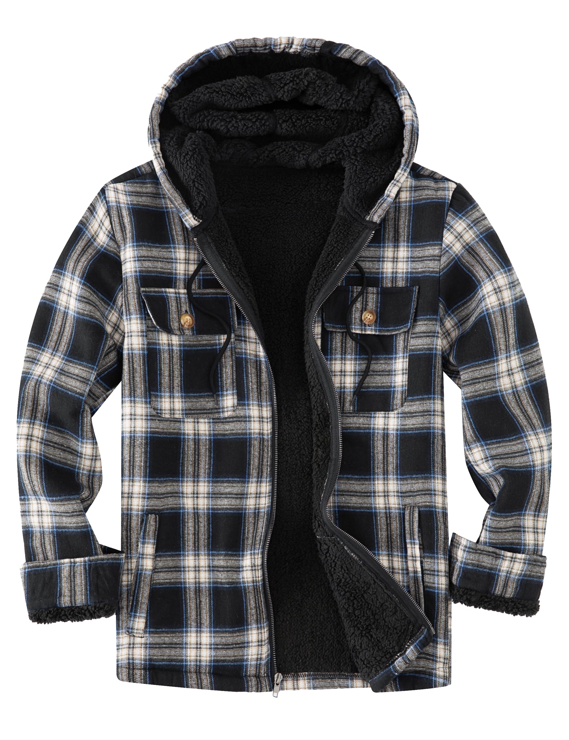 Men's Flannel Plaid Hooded Jackets Full Zip Sherpa Fleece Lined Hoodies Fashion Warm Coat