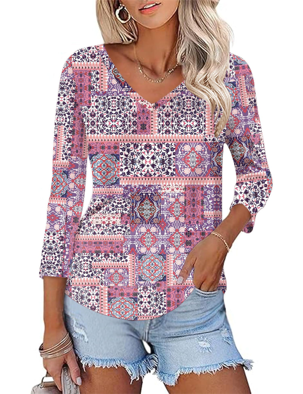 KTILG Women's V Neck T Shirts 3/4 Sleeve Blouse Summer Tops Dressy Casual Solid Basic Tees