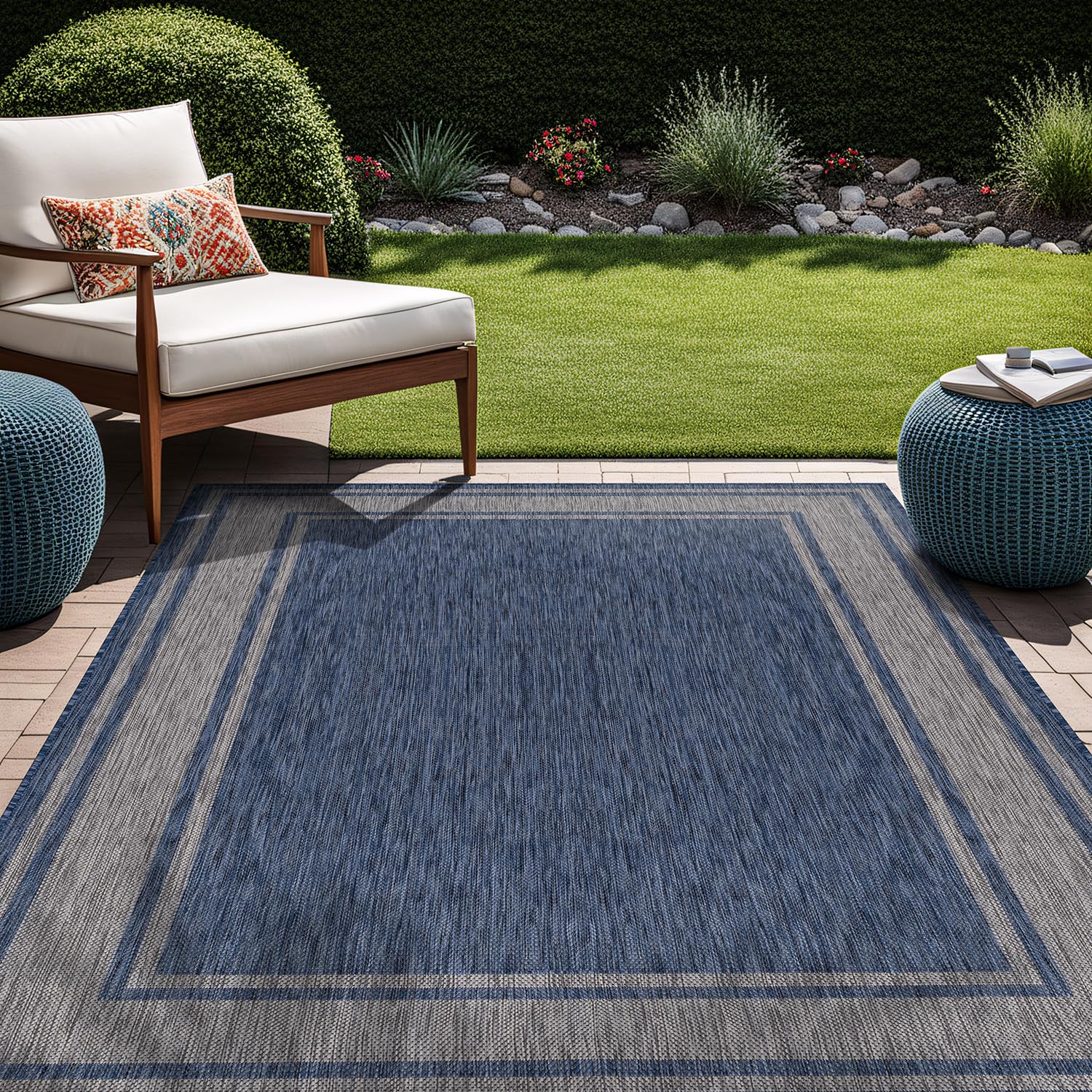 Beverly Rug Outdoor Rug 5x7 Modern Bordered Area Rugs for Indoor and Outdoor Patio Deck Porch Garden Waterproof Weather Sun Resistant Washable Outside Carpet (5 x 7 Beige)