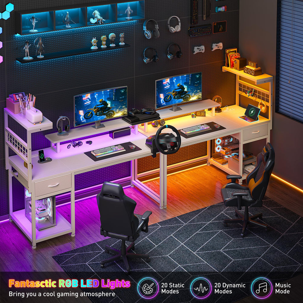 EnHomee 40" Gaming Desk with Power Outlets & LED Lights, Computer Desk with Drawer & Storage Shelve, Home Office Desk with Monitor Stand for Living Room, Study Room, Gaming Room, Black