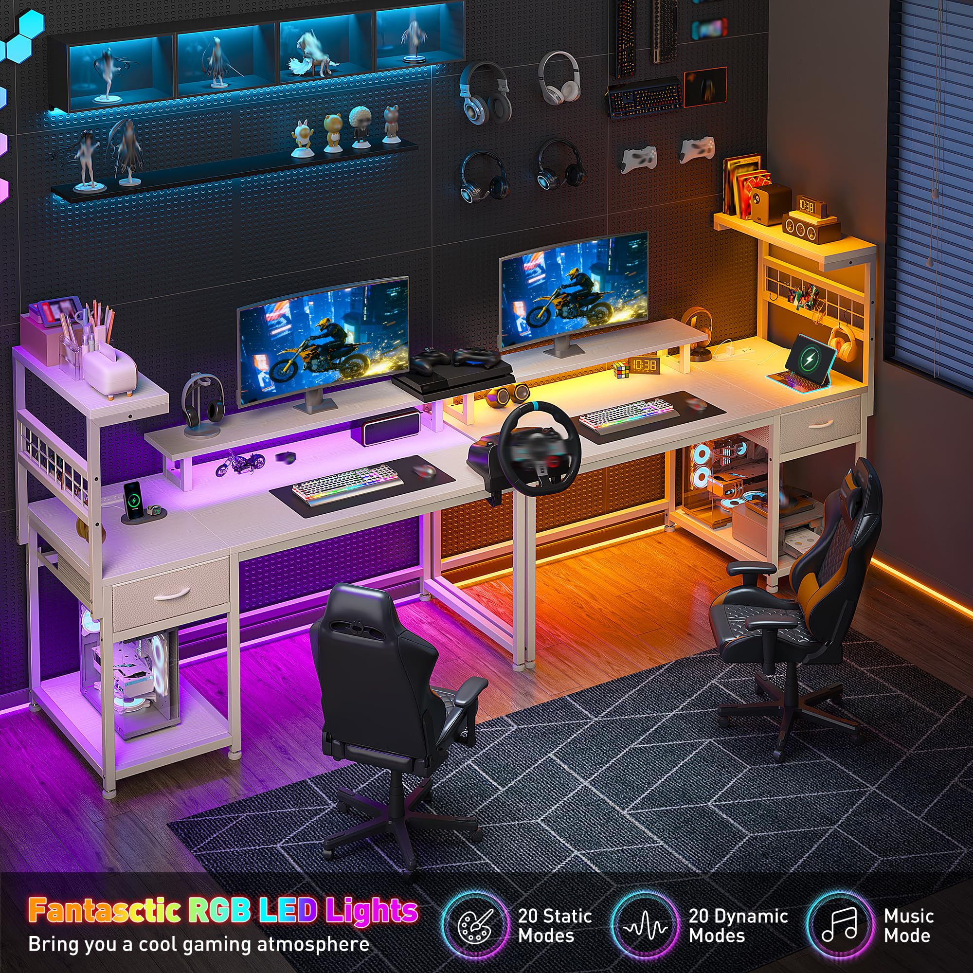 EnHomee 40" Gaming Desk with Power Outlets & LED Lights, Computer Desk with Drawer & Storage Shelve, Home Office Desk with Monitor Stand for Living Room, Study Room, Gaming Room, Black