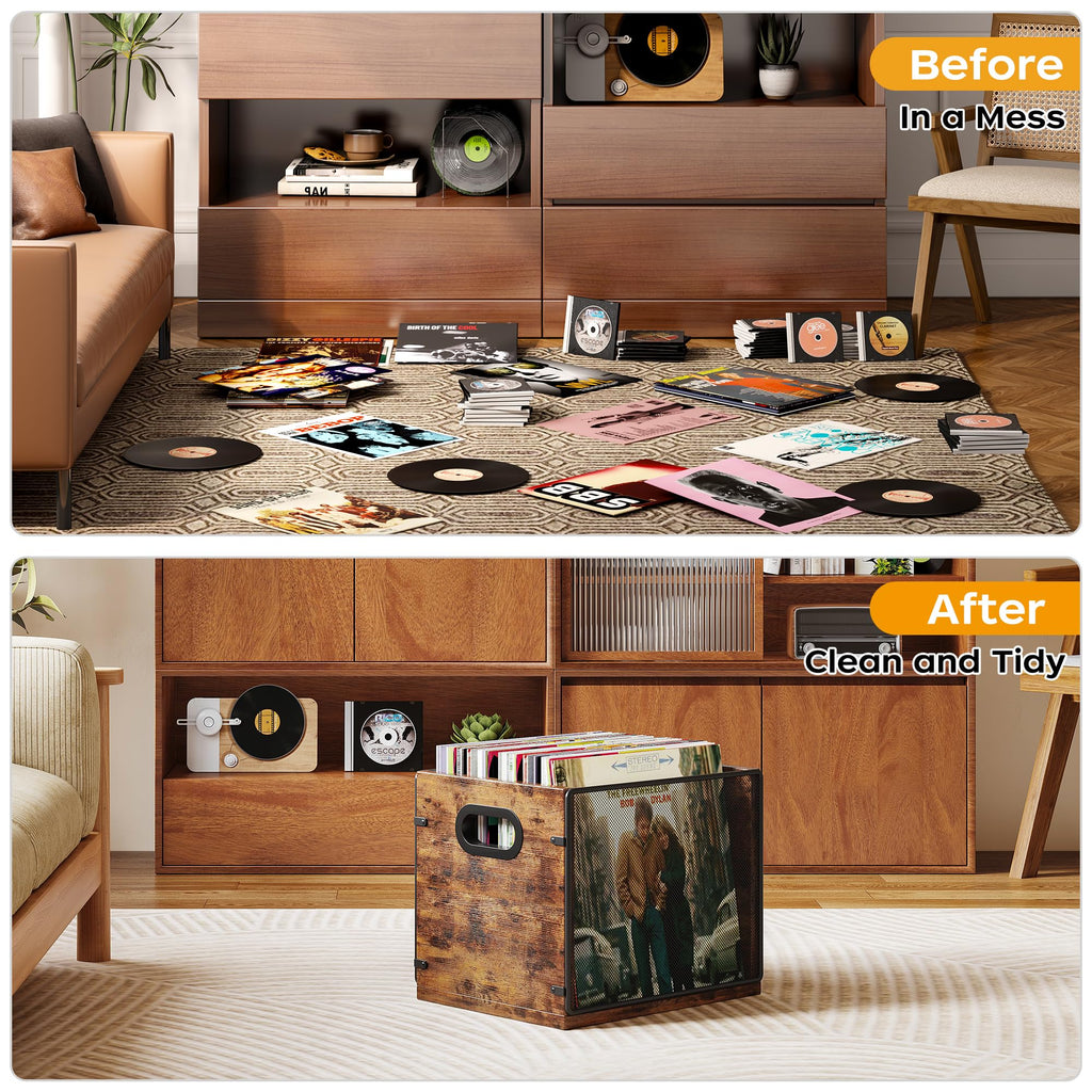 Homeiju Vinyl Record Storage, Record Box Case Crate, Vinyl Record Album Holder, Desktop Metal & Wooden LP Record Crate, Holds up to 60 Records（Patent No.D1024563