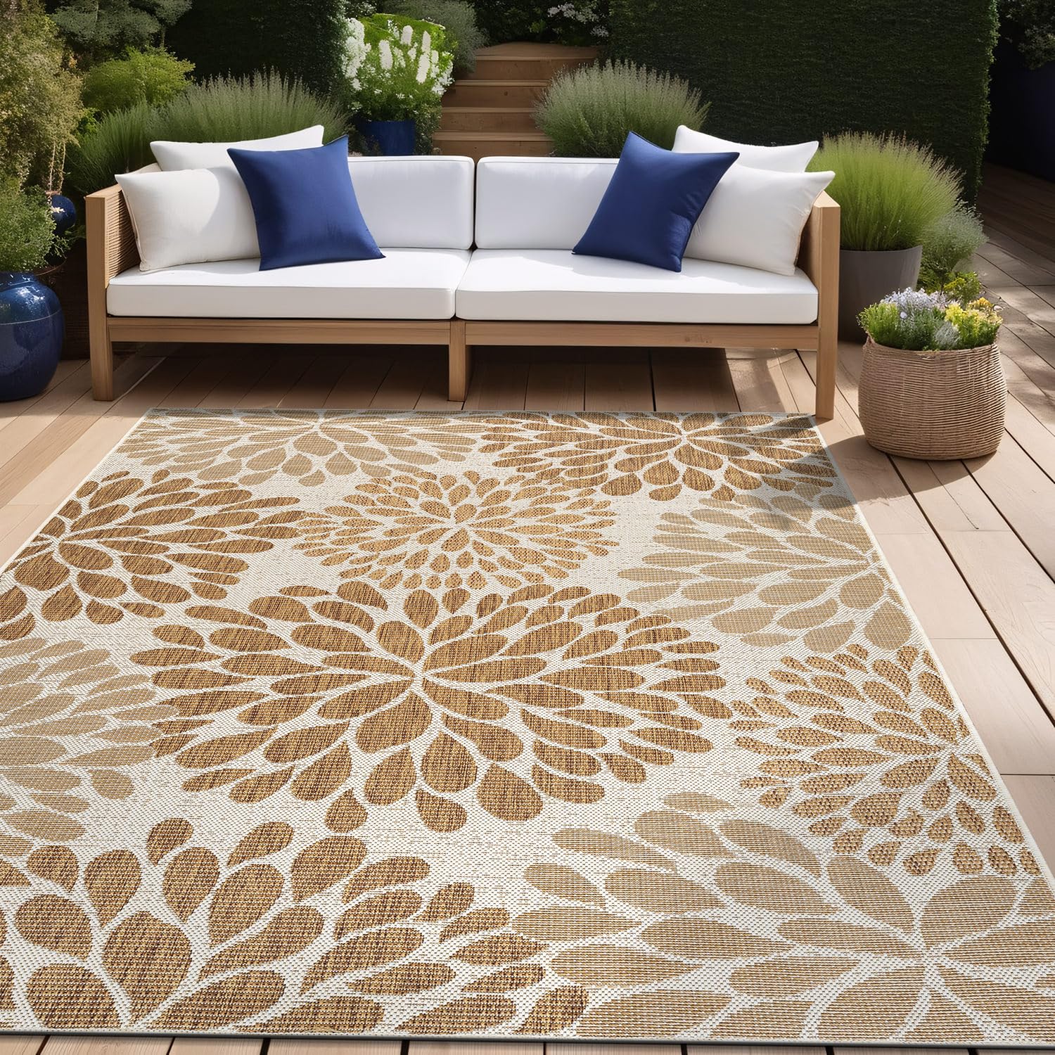 Beverly Rug Outdoor Rug 5x7 Modern Bordered Area Rugs for Indoor and Outdoor Patio Deck Porch Garden Waterproof Weather Sun Resistant Washable Outside Carpet (5 x 7 Beige)