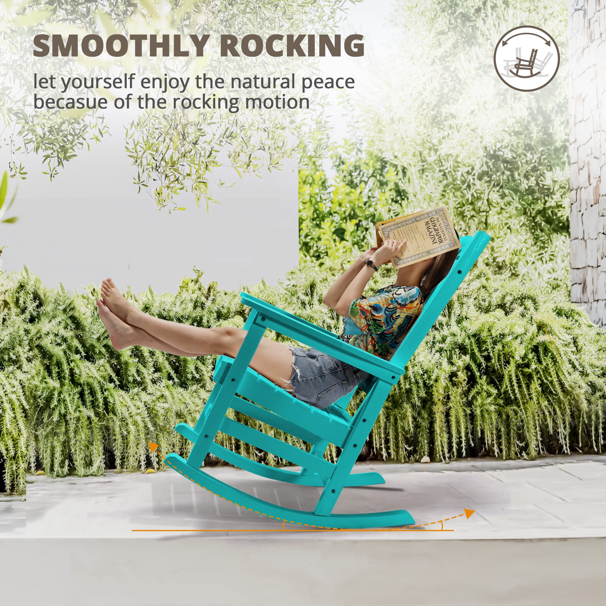 LUE BONA Rocking Chair Outdoor, Weather Resistant HDPS Plastic Rocker Chairs, 350lb Heavy Duty, Oversized Porch Rocker for Adult, High Back Smooth Rocking Chairs for Outdoor & Indoor, Aruba Blue