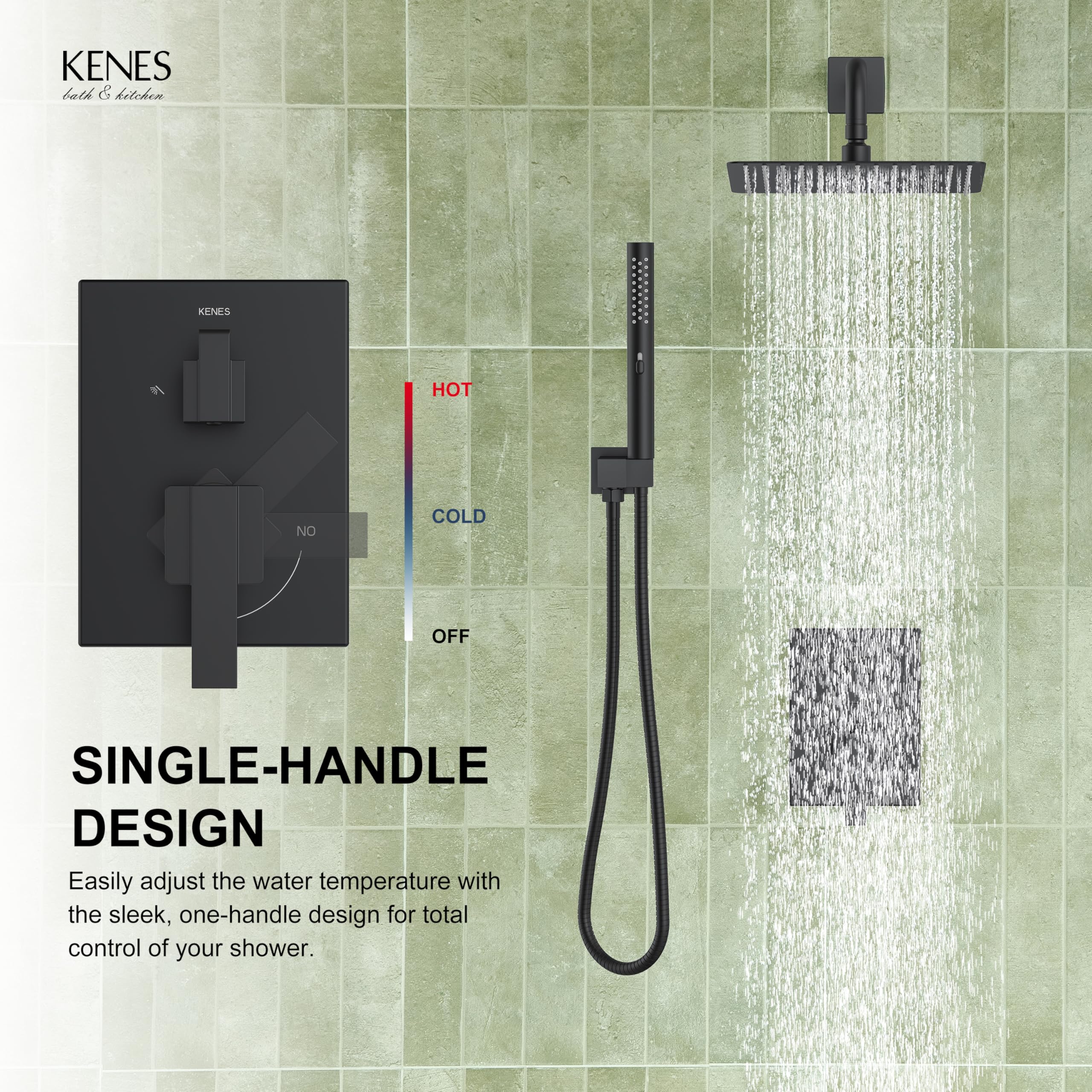 KENES Brushed Nickel 10-Inch Shower Head and Handle Set, Square Shower Faucet Set Bathroom Rainfall Shower System Wall Mount, KE-6024B (Shower Valve Included)