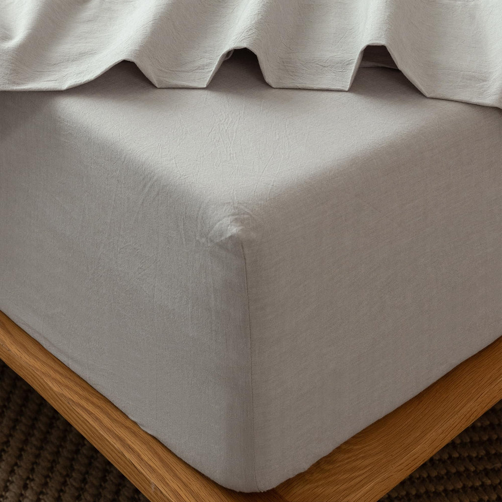 MooMee Fitted Bottom Sheet Only 100% Washed Cotton Linen Like Textured Breathable Durable Soft Comfy Deep Pocket Fits Mattress up to 17" (Almond Milk Grey, Twin)