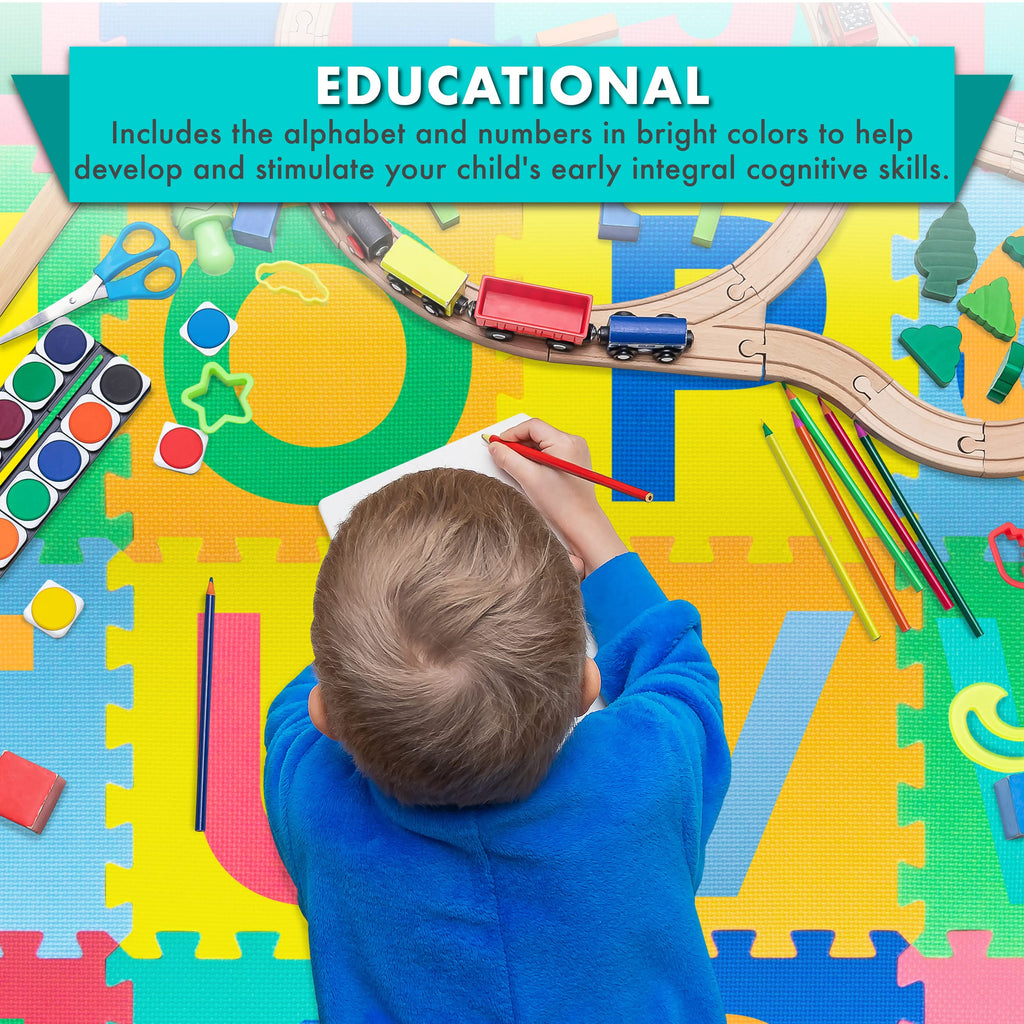 ProSource Kids Foam Puzzle Floor Play Mat with Shapes & Colors 36 Tiles, 12"x12" and 24 Borders