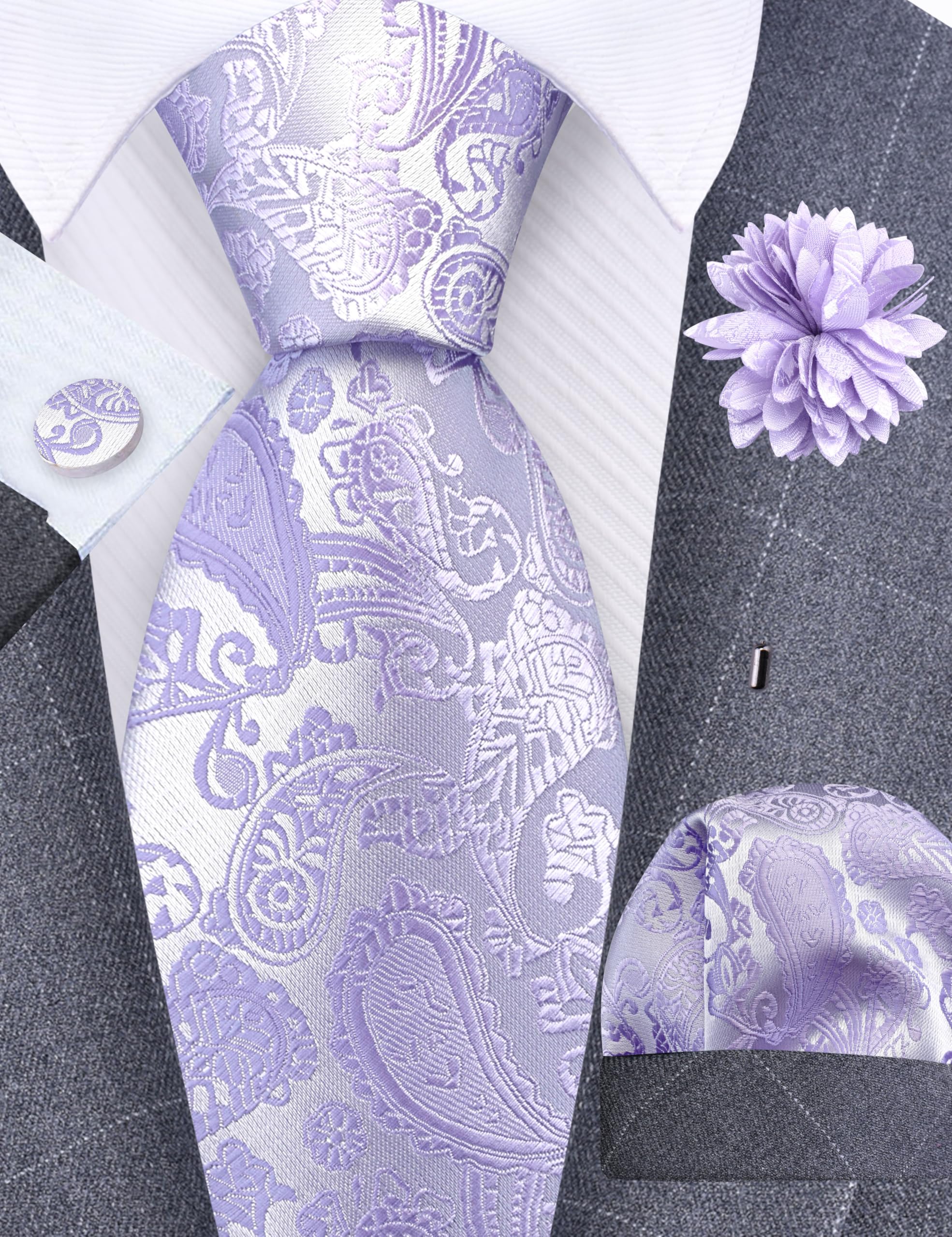 GUSLESON 3.15"（8cm） Mens Paisley Tie and Lapel Pin Necktie Hankerchief Cufflinks Set for Men