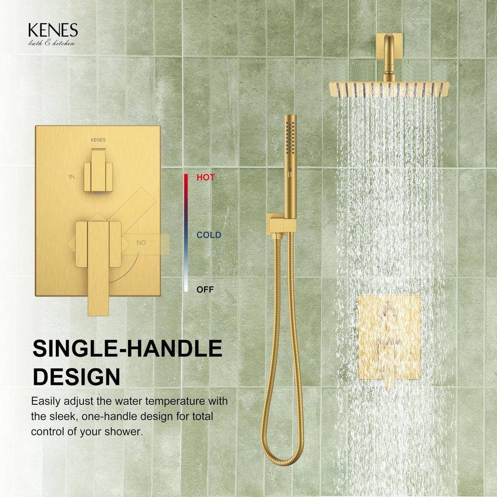 KENES Brushed Nickel 10-Inch Shower Head and Handle Set, Square Shower Faucet Set Bathroom Rainfall Shower System Wall Mount, KE-6024B (Shower Valve Included)