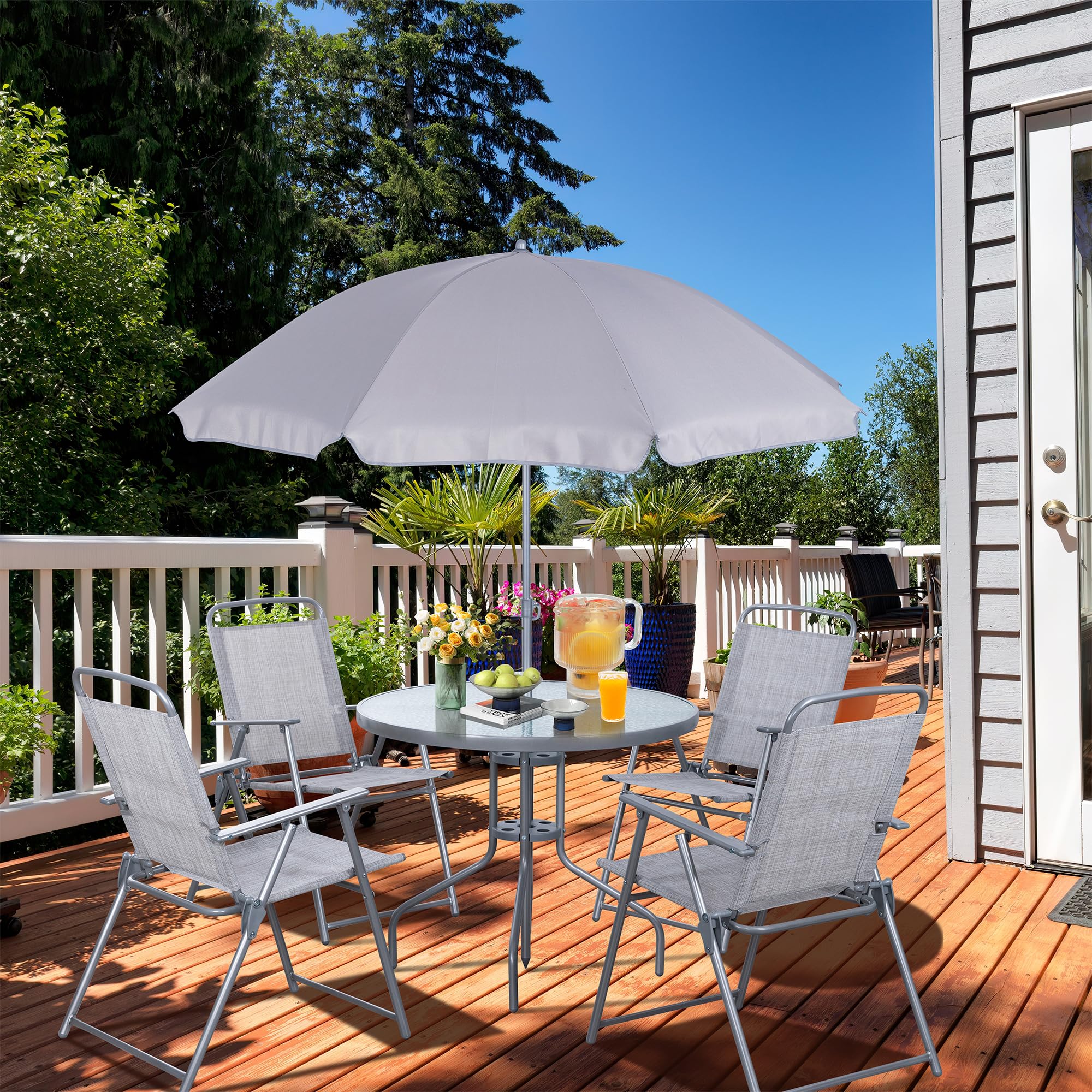 Vongrasig 6 Piece Folding Patio Dining Set,Small Metal Outdoor Garden Patio Table and Chair Set w/Umbrella for Lawn,Deck,Backyard,Black