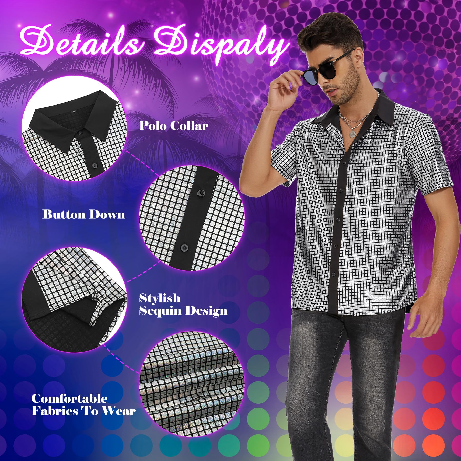 Zando Men's Sequin 70s 80s Disco Shirt - Retro Short Sleeve Button Up Costume Halloween New Year Party Outfit Top & Clubwear