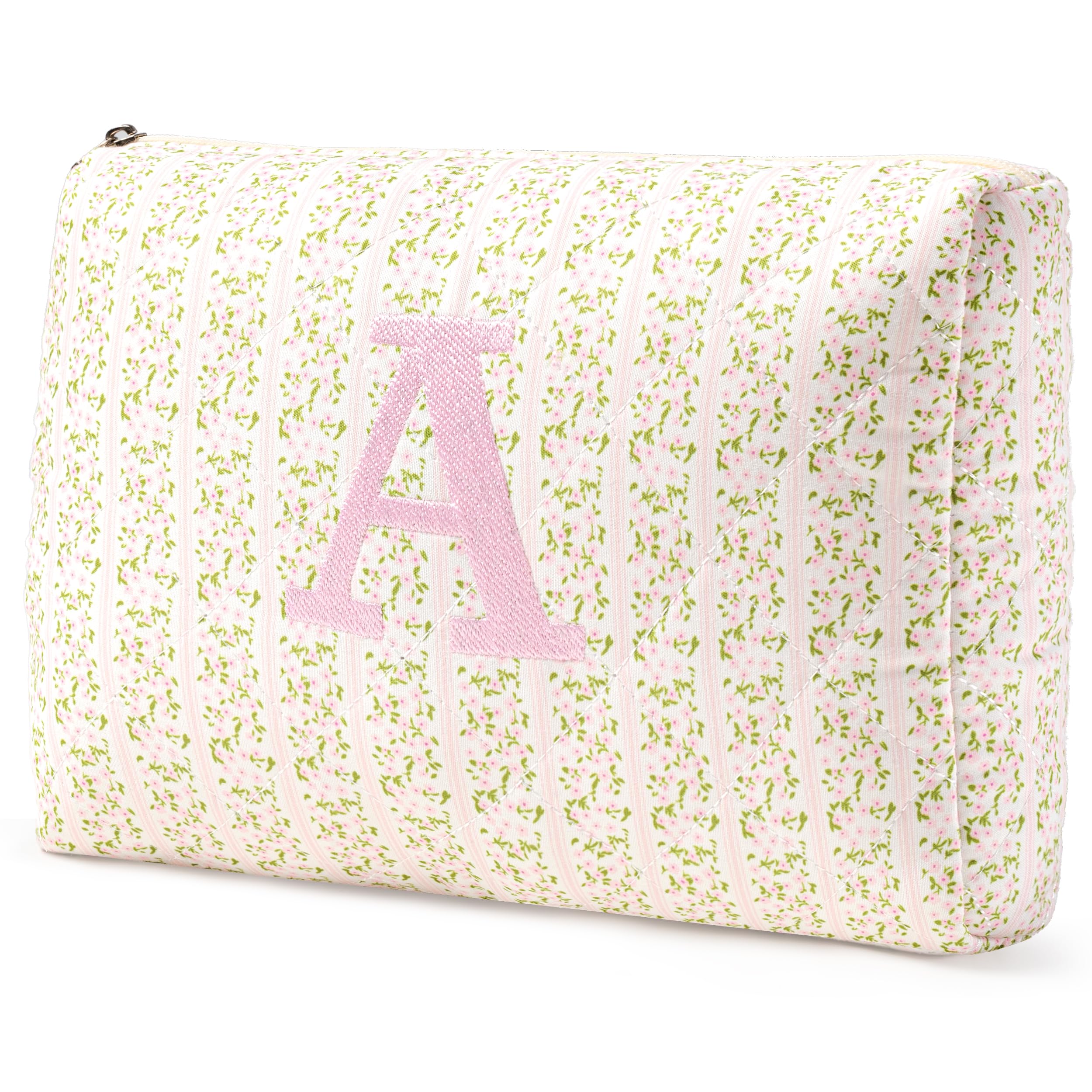 HBselect Initial Quilted Makeup Bag, Cotton Large Travel Make up Bag, Cute Floral Coquette Cosmetic Bag Toiletry Bag for Women Girls A