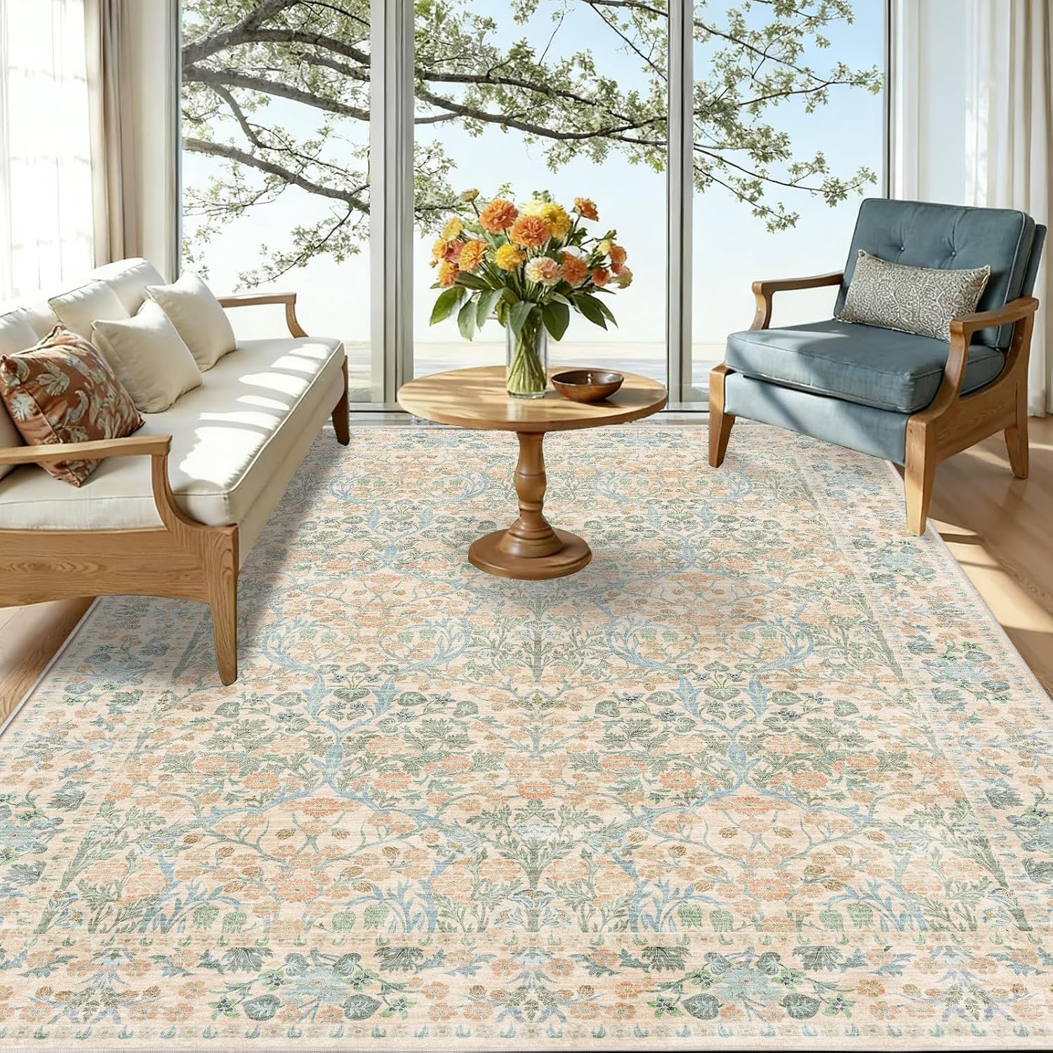 Area Rugs for Living Room - 5x7 Area Rugs, Floral Rug, Washable Rugs 5x7, Non-Slip, Stain Resistant Soft Vintage Large Carpet Low Pile Thin Rugs for Living Room Bedroom