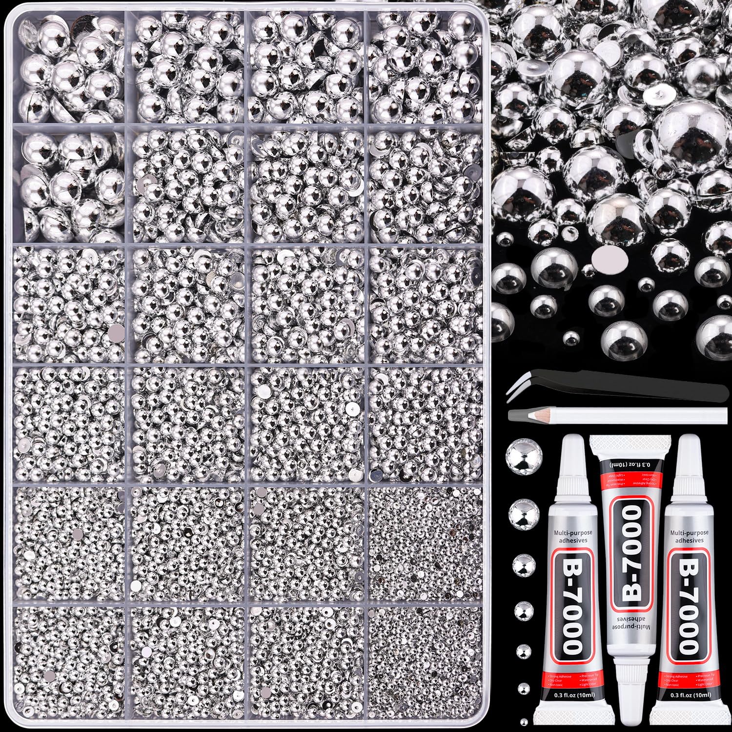 BELLEBOOST 5600pcs ABS Round Flat Back Beige Pearls Kit with Pickup Tools for Nail Art, Face, Body Decorations