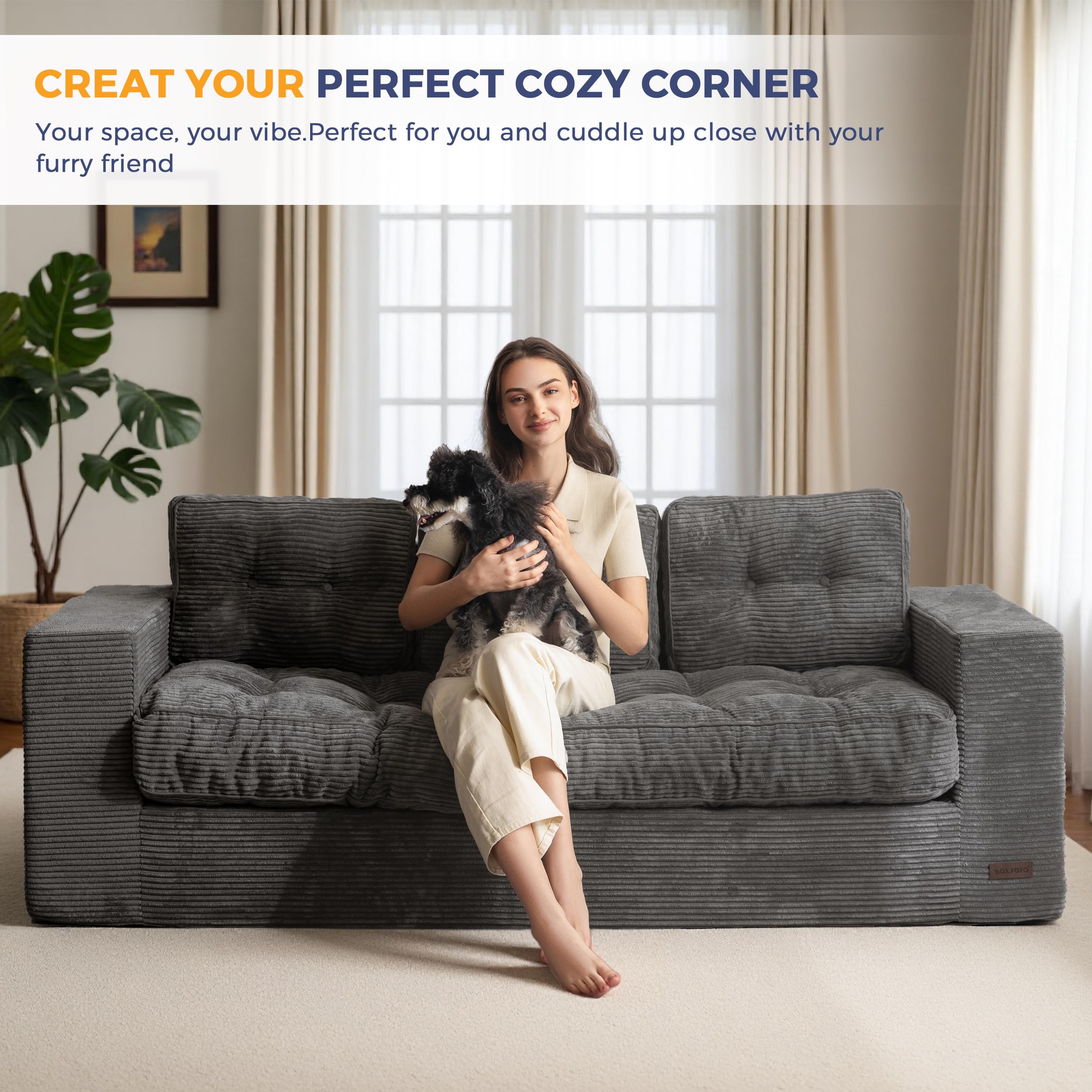 MAXYOYO 3 Seater Sofa Couch for Living Room, Tufted Boneless Couch Sofa Couch, Comfy Bubbled Bean Bag Chair for Apartment, No Assembly Needed, Beige