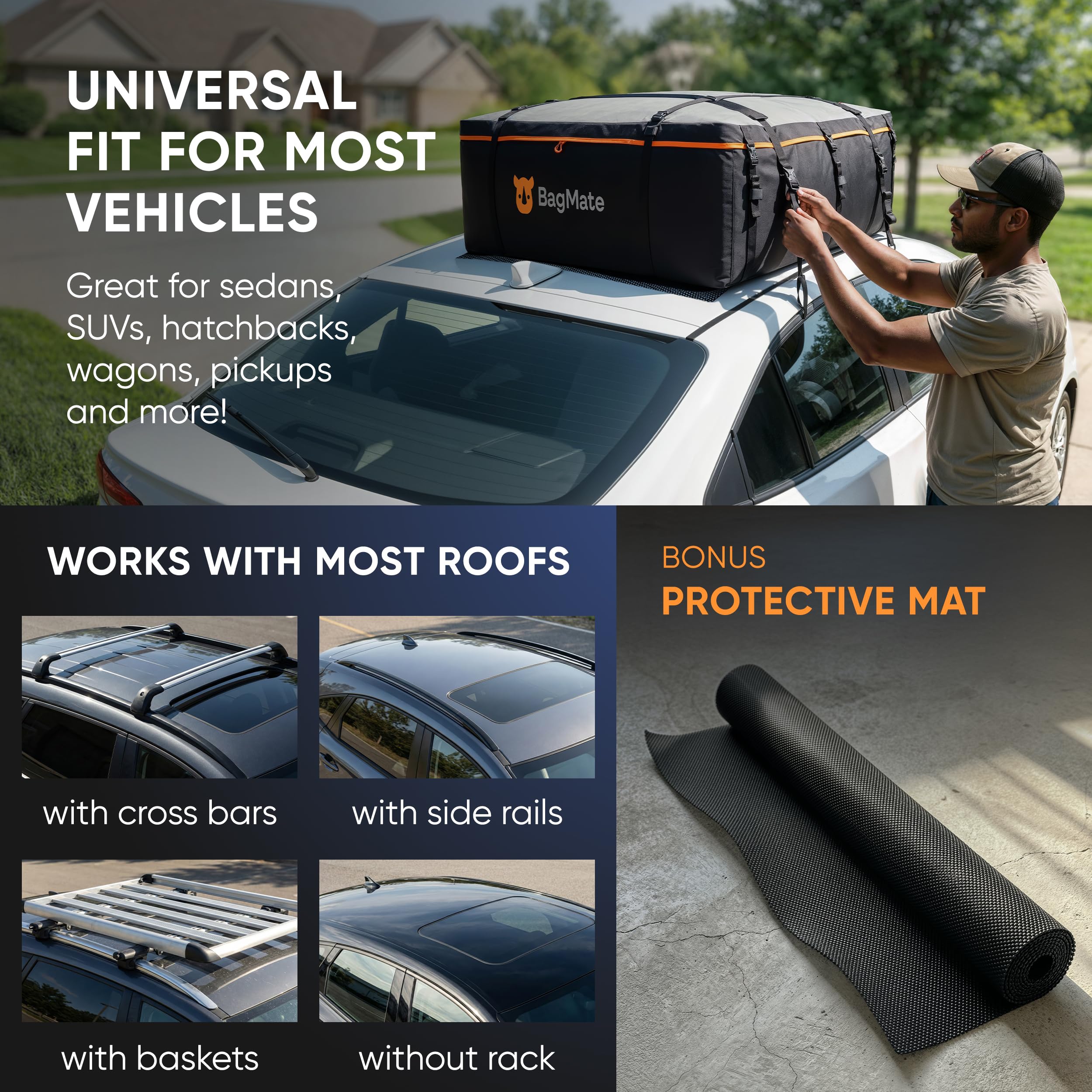 19 Cubic Feet Roof Bag – Safety Tested Heavy-Duty Waterproof Rooftop Cargo Carrier for All Cars & SUVs (with or Without Rack) – Includes Protective Mat & Storage Bag – Military-Grade 840D PVC