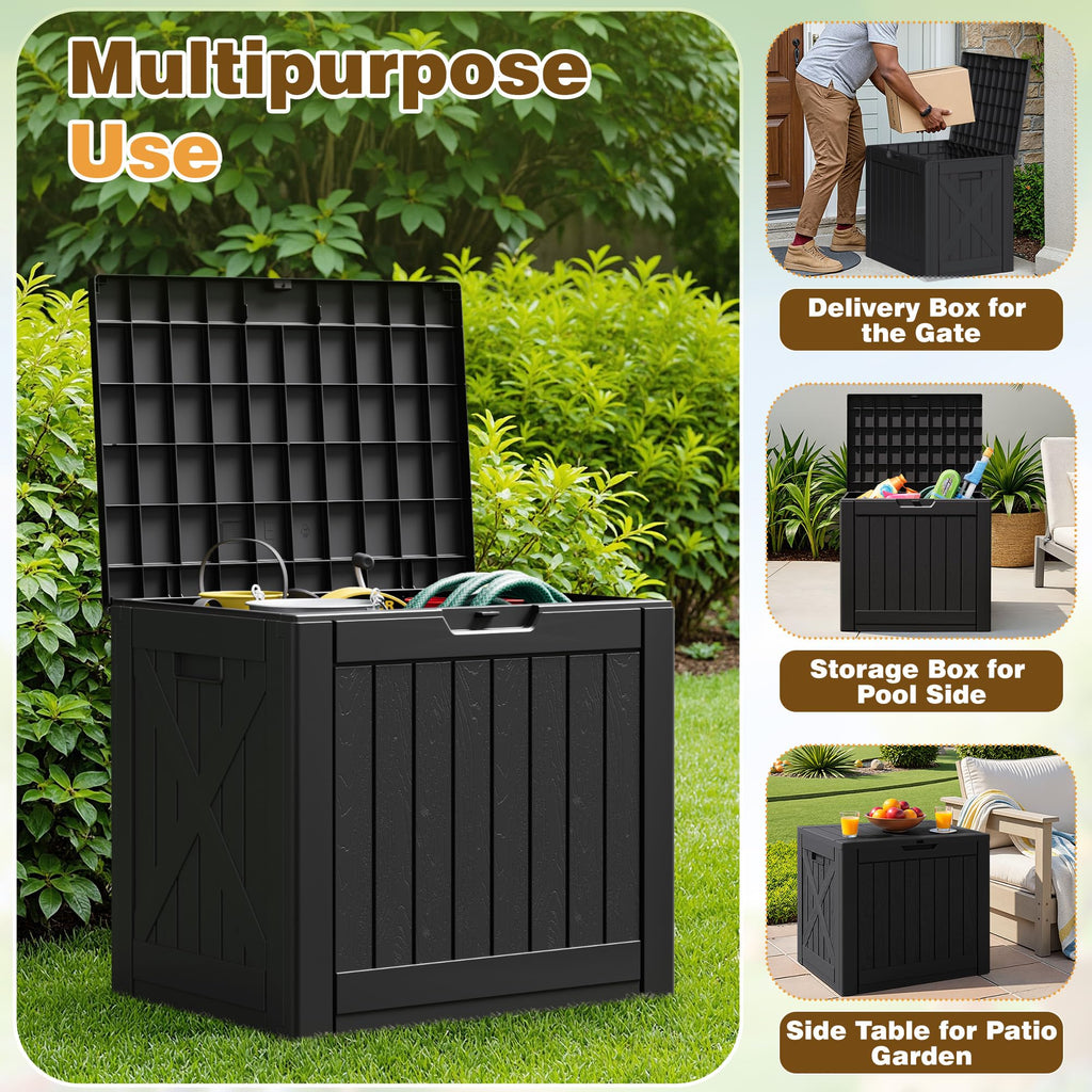 Flamaker Deck Box 30 Gallon, Waterproof Resin Small Storage Box with Lid, Outdoor Patio Furniture Cushion Garden Tool Organizer, Lockable Package Delivery Box for Porch Balcony (Black)