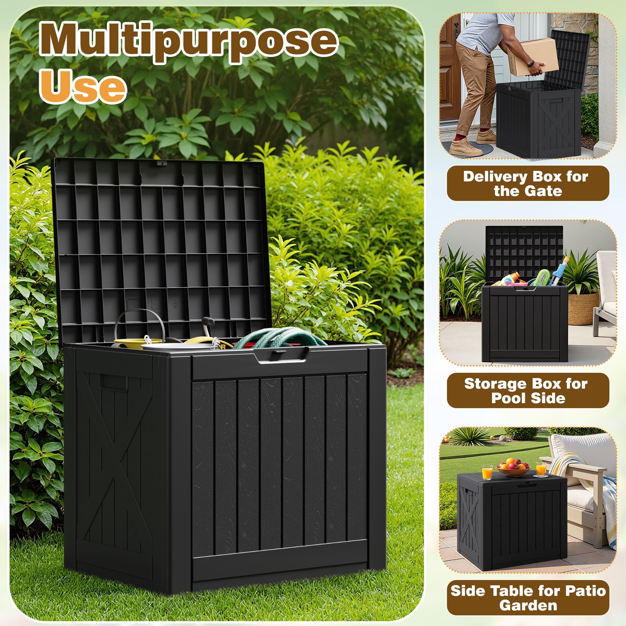 Flamaker Deck Box 30 Gallon, Waterproof Resin Small Storage Box with Lid, Outdoor Patio Furniture Cushion Garden Tool Organizer, Lockable Package Delivery Box for Porch Balcony (Black)