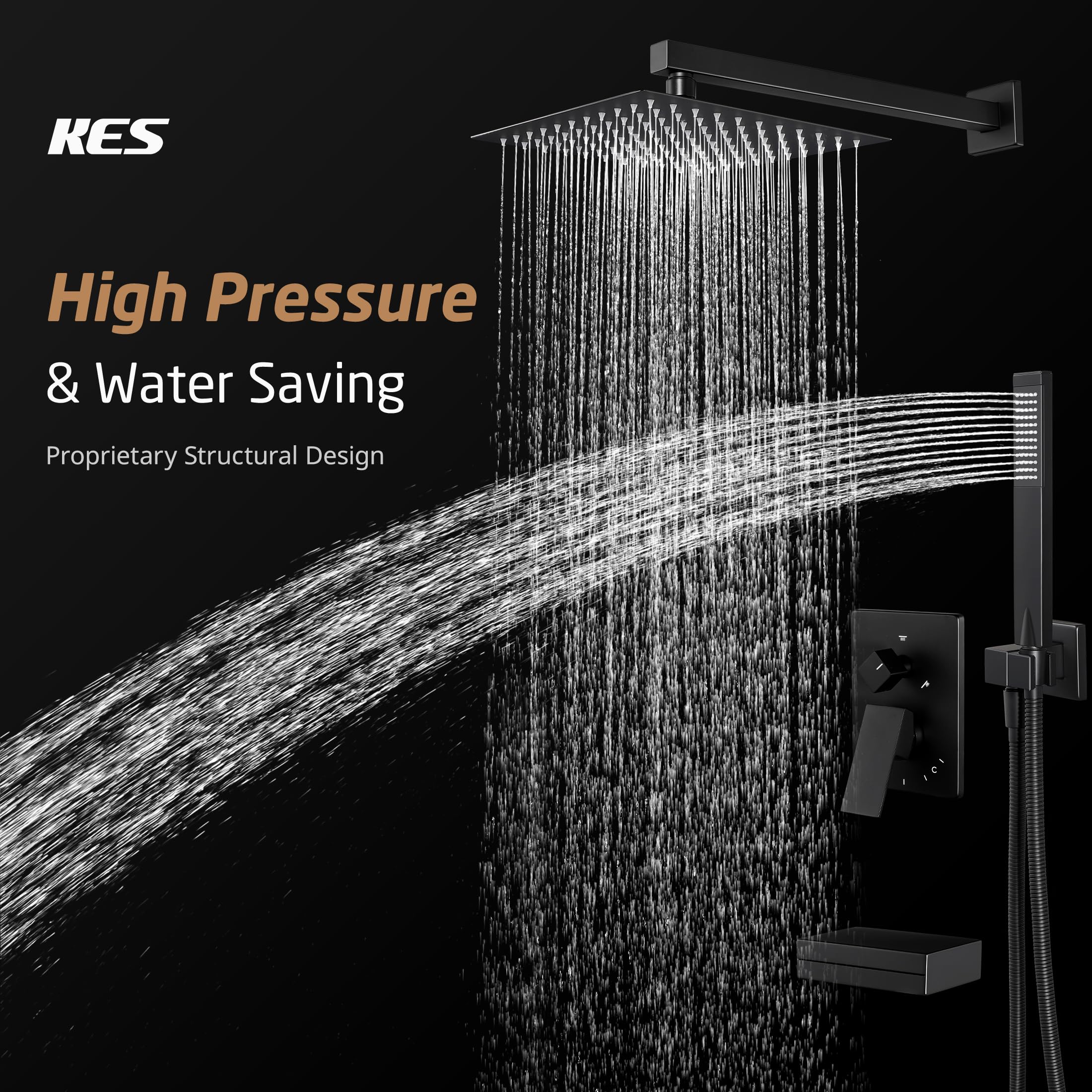 KES Tub and Shower Faucet Set Shower System with 10-Inch Rain Shower Head and Waterfall Tub Faucet Wall Mount Shower Valve and Trim Kit Included Matte Black, XB6240-BK