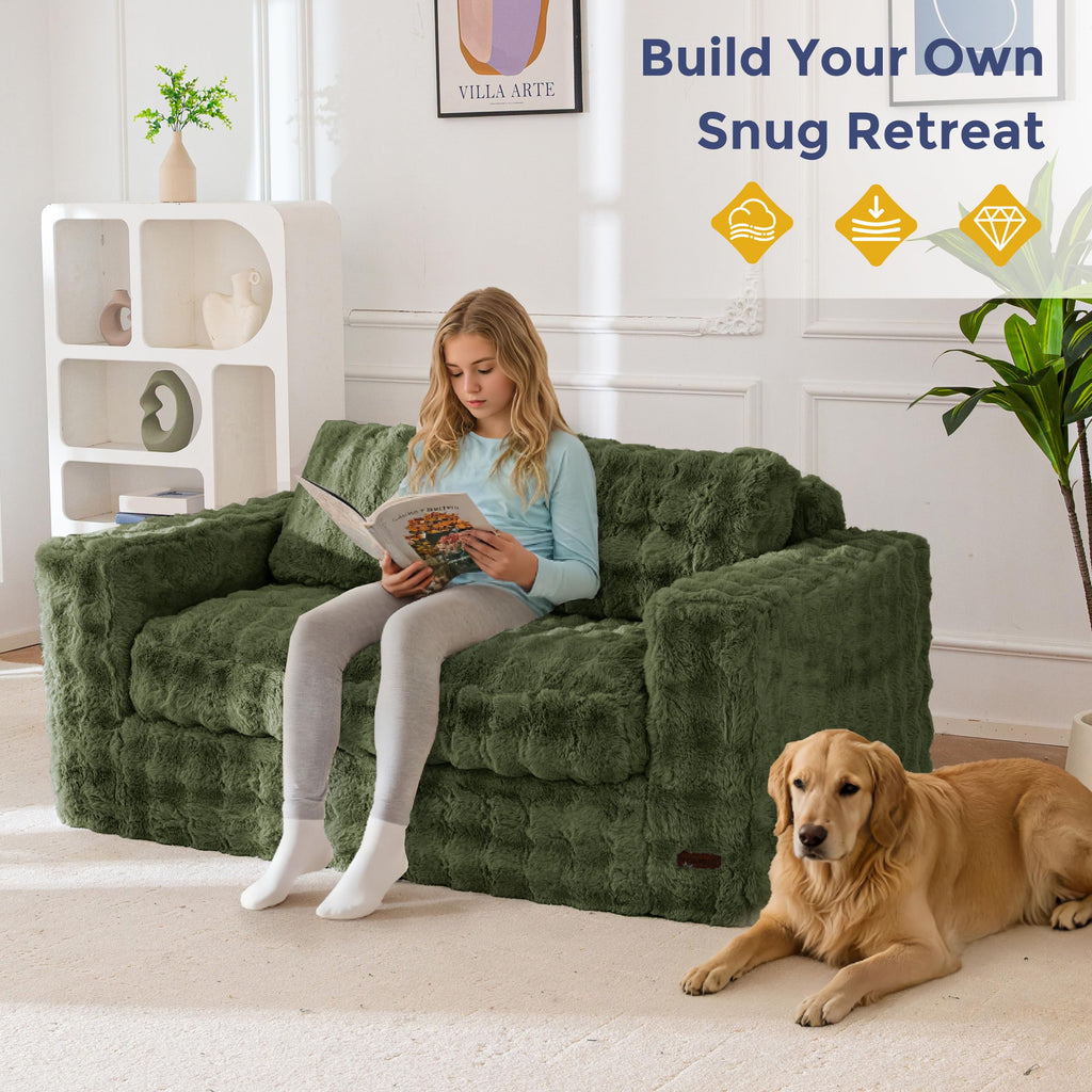 MAXYOYO 3 Seater Sofa Couch for Living Room, Tufted Boneless Couch Sofa Couch, Comfy Bubbled Bean Bag Chair for Apartment, No Assembly Needed, Beige